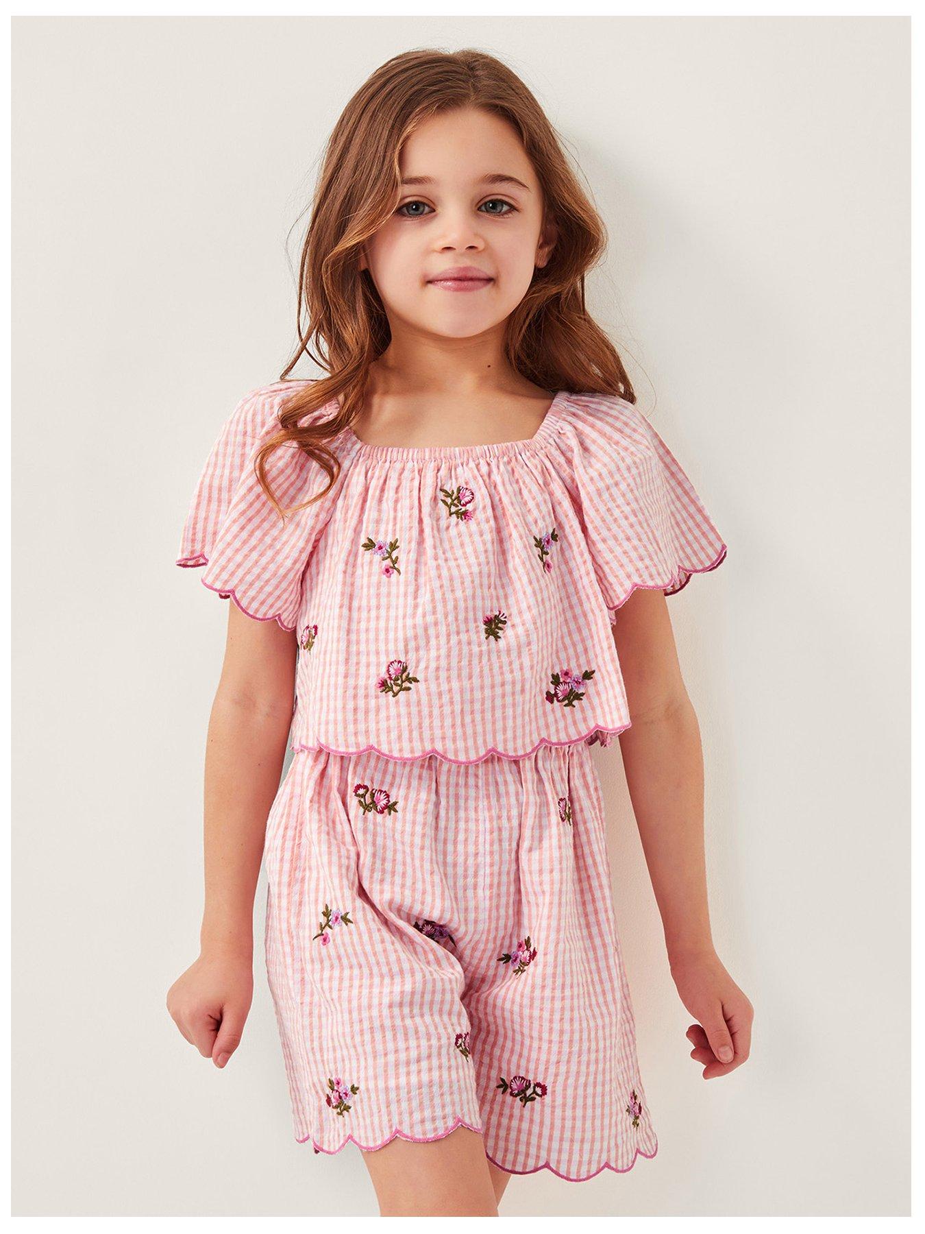undefined Girls Floral Embroidered Gingham Playsuit - Pink