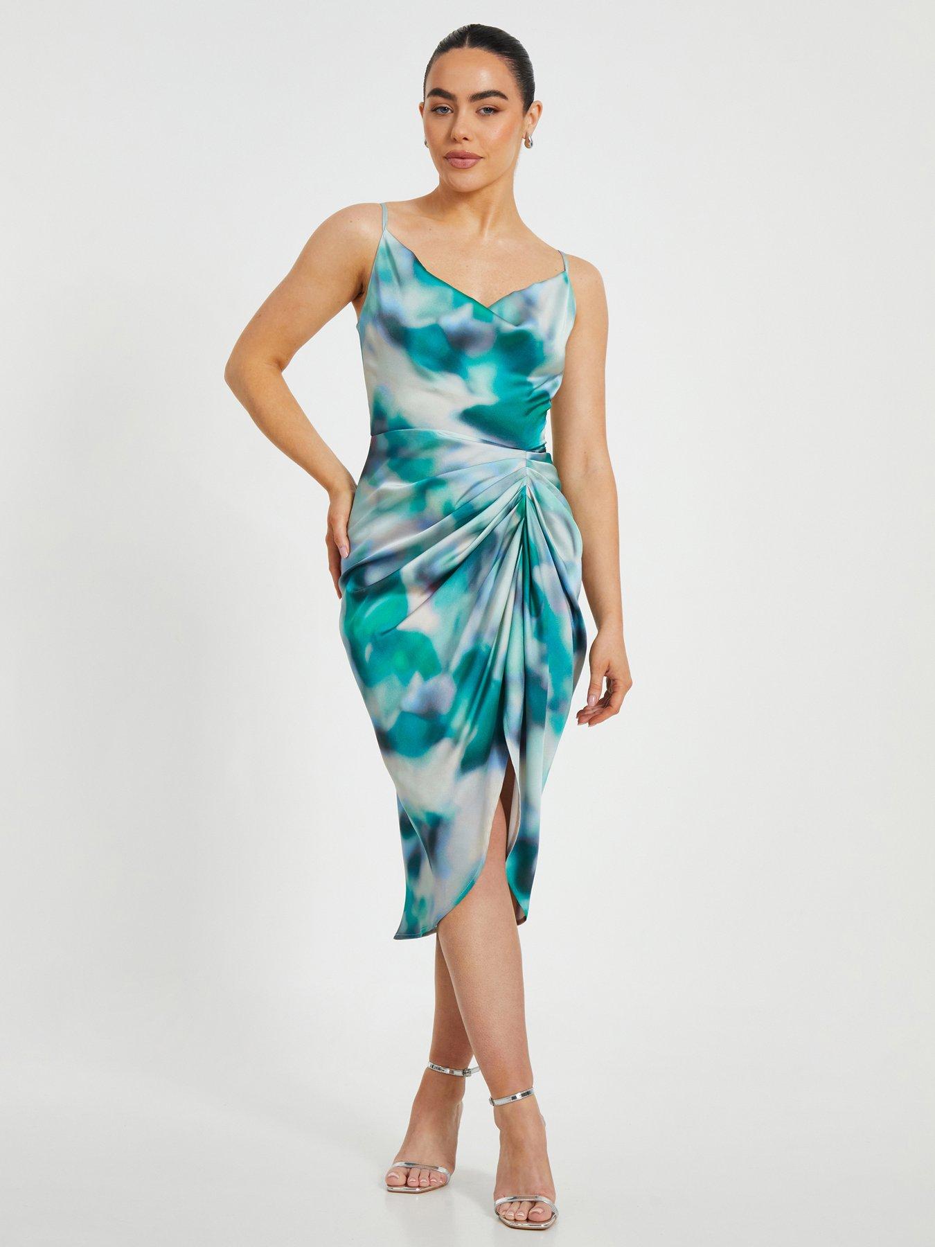 undefined Petite Green Satin Ruched Midi Dress