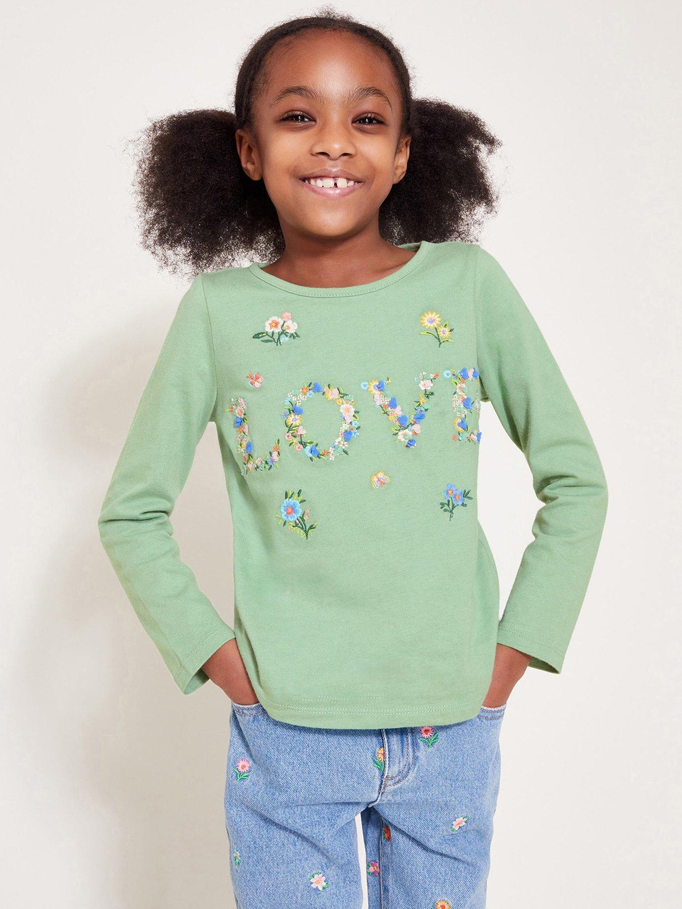 undefined Girls Floral Love Embroidered Long Sleeve Tshirt - Green