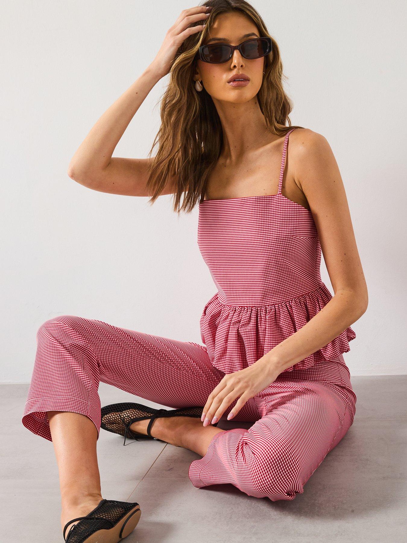 Image 5 of 6 of Mango Gingham Cropped Pants - Red