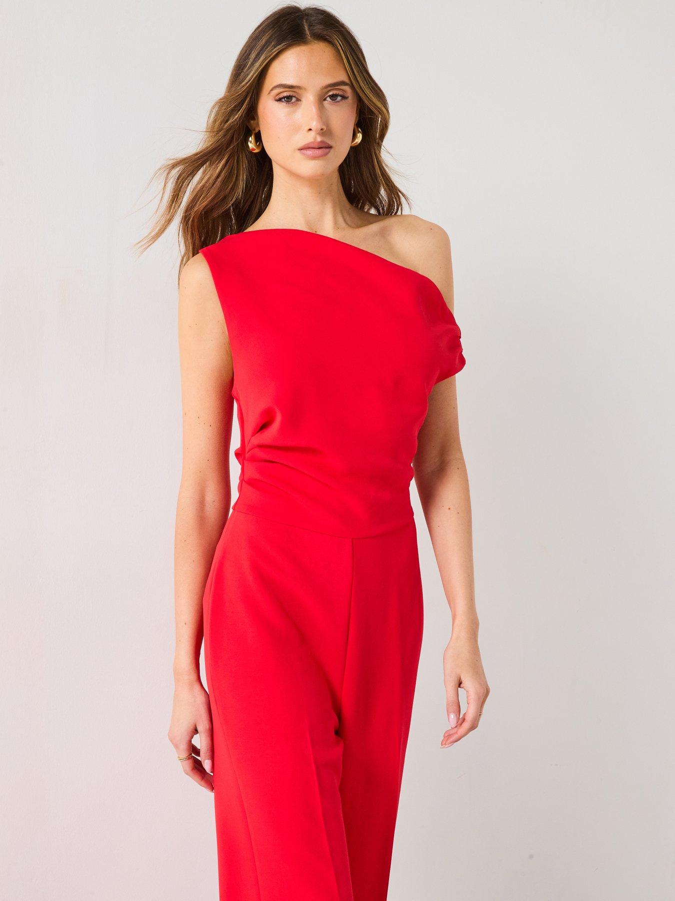 Mango: Long Asymmetrical Draped Jumpsuit - Red