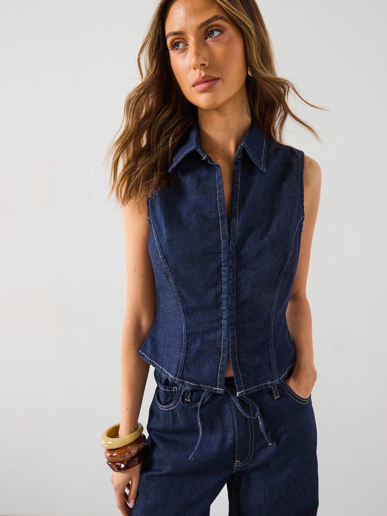Image 1 of 6 of Mango Fitted Denim Top - Blue