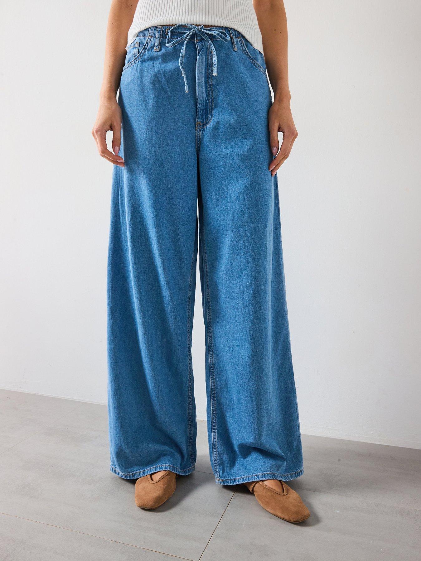 undefined Wide Leg Denim Trousers With Belt - Blue