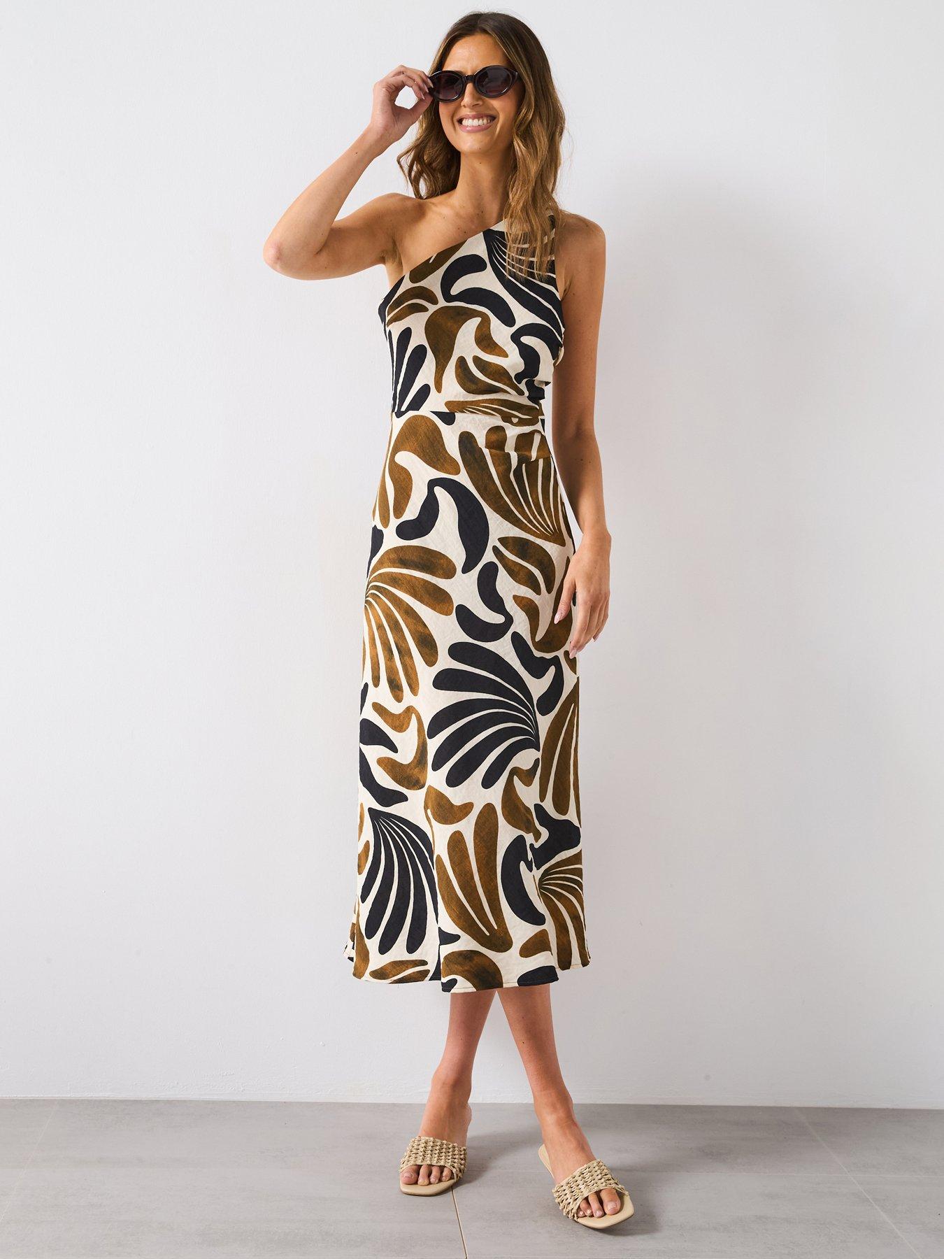 undefined Abstract Leaf Print One Shoulder Asymmetrical Dress - Brown