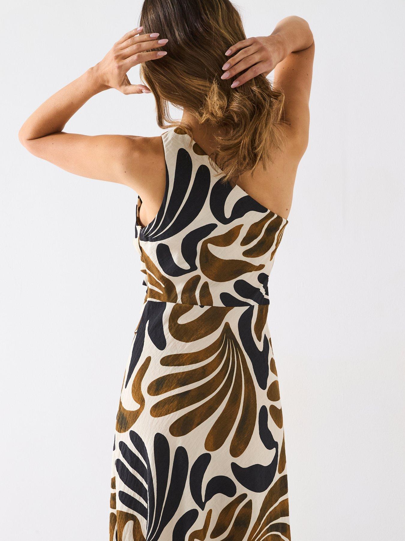 Image 2 of 6 of Mango Abstract Leaf Print One Shoulder Asymmetrical Dress - Brown