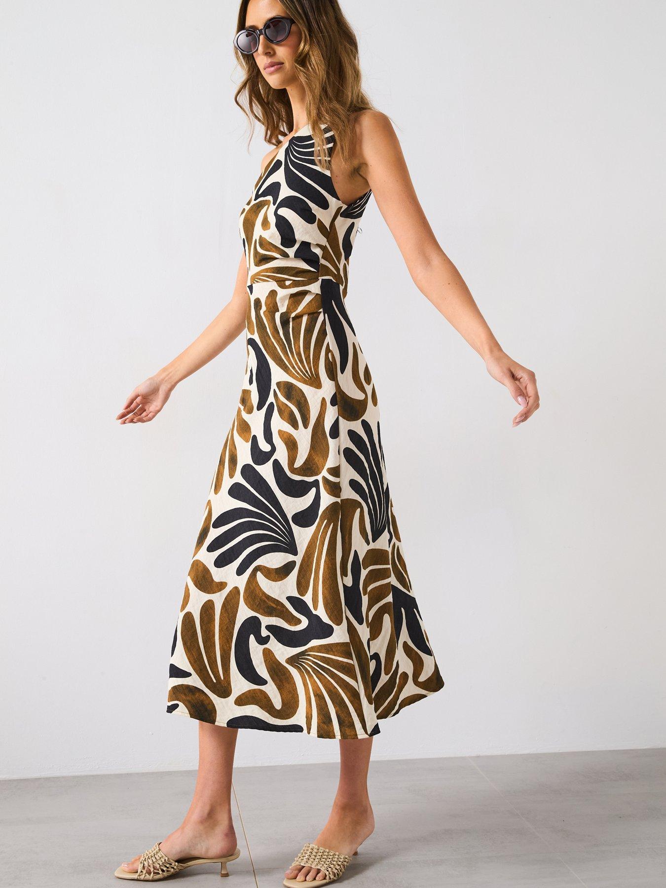 Image 3 of 6 of Mango Abstract Leaf Print One Shoulder Asymmetrical Dress - Brown
