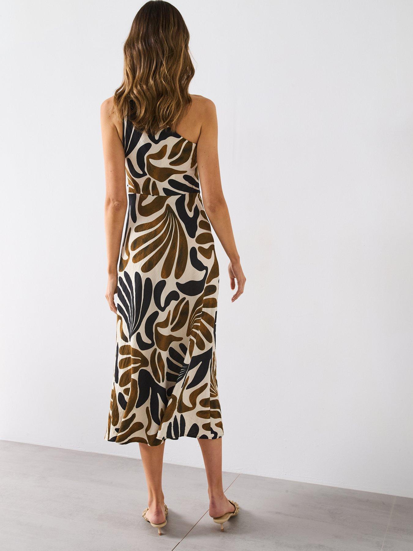 Image 6 of 6 of Mango Abstract Leaf Print One Shoulder Asymmetrical Dress - Brown
