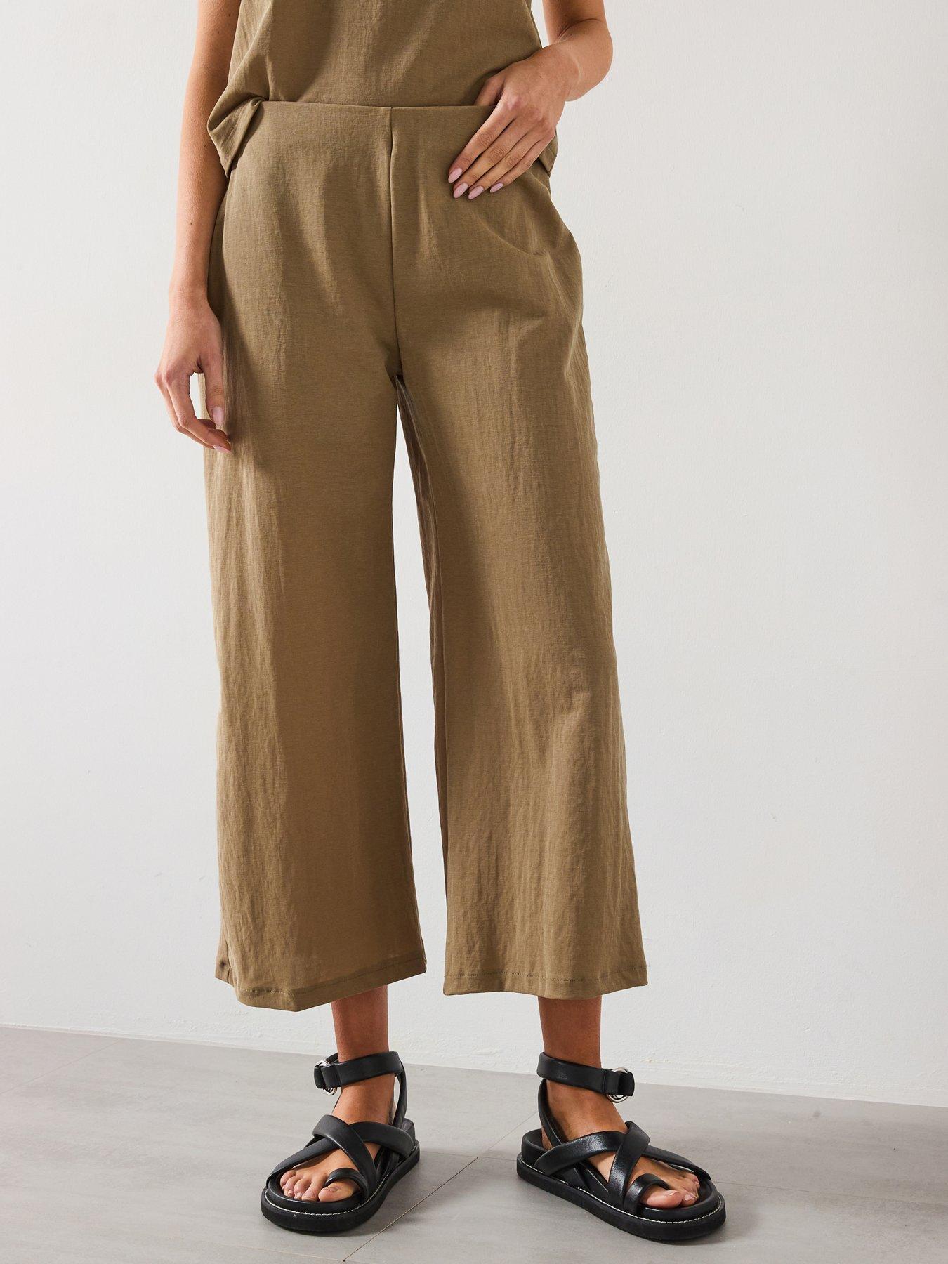 Mango Cropped Palazzo Trousers - Khaki