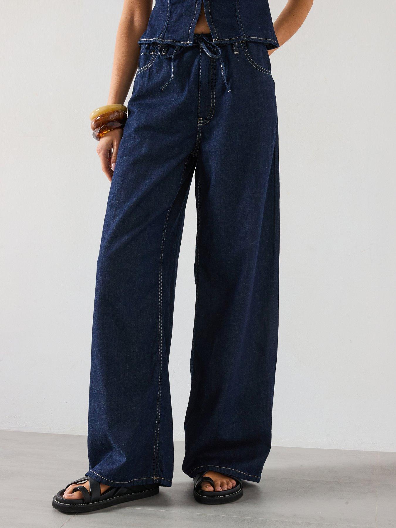 undefined Wideleg Denim Trousers With Belt - Blue