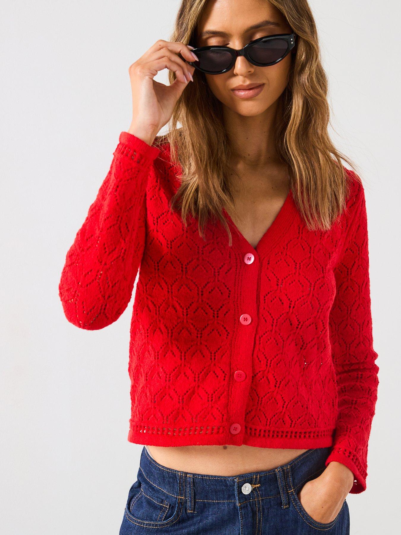 Image 1 of 6 of Mango Pattern Knit Detailed Cardigan - Red