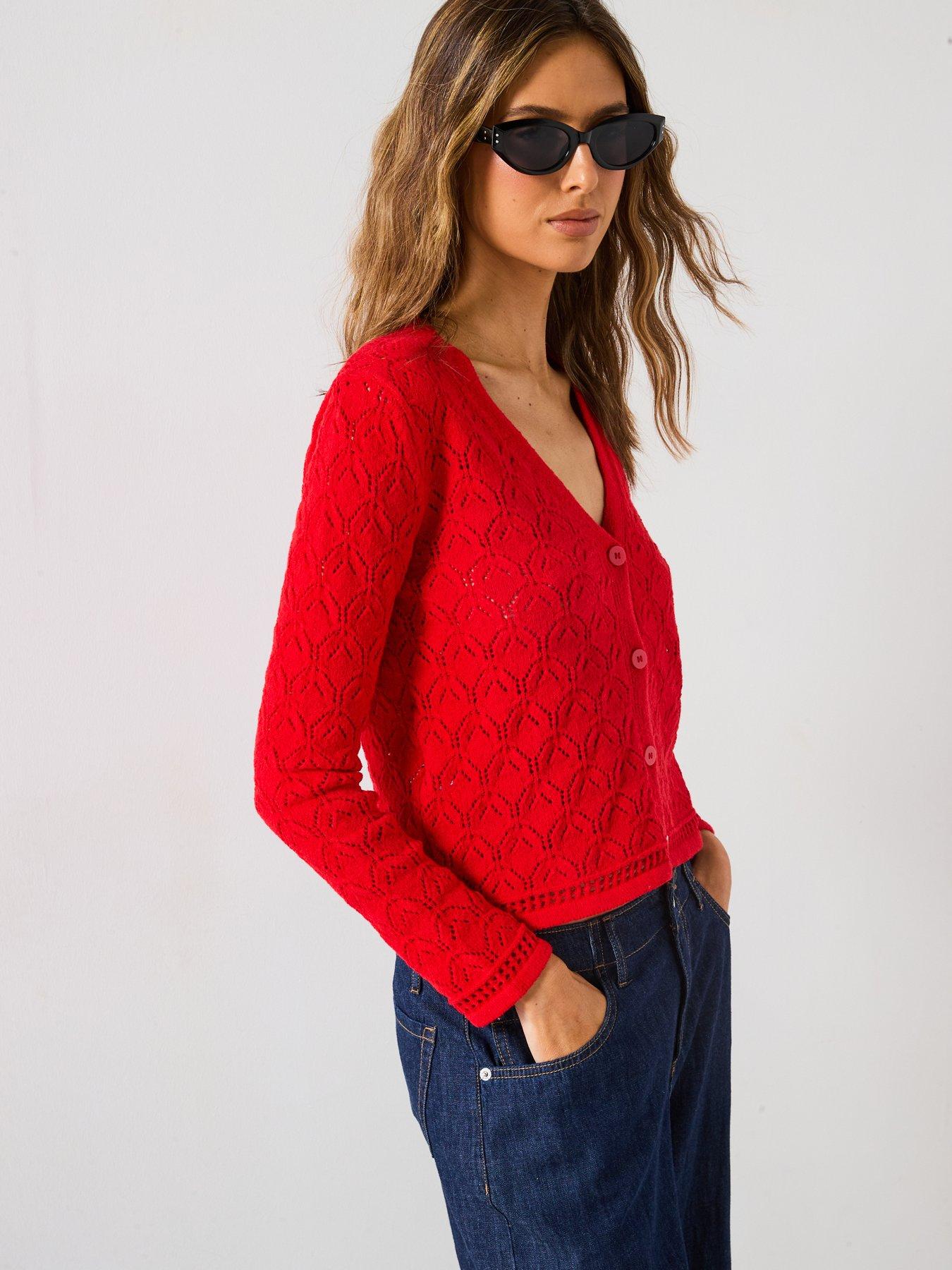 Image 6 of 6 of Mango Pattern Knit Detailed Cardigan - Red