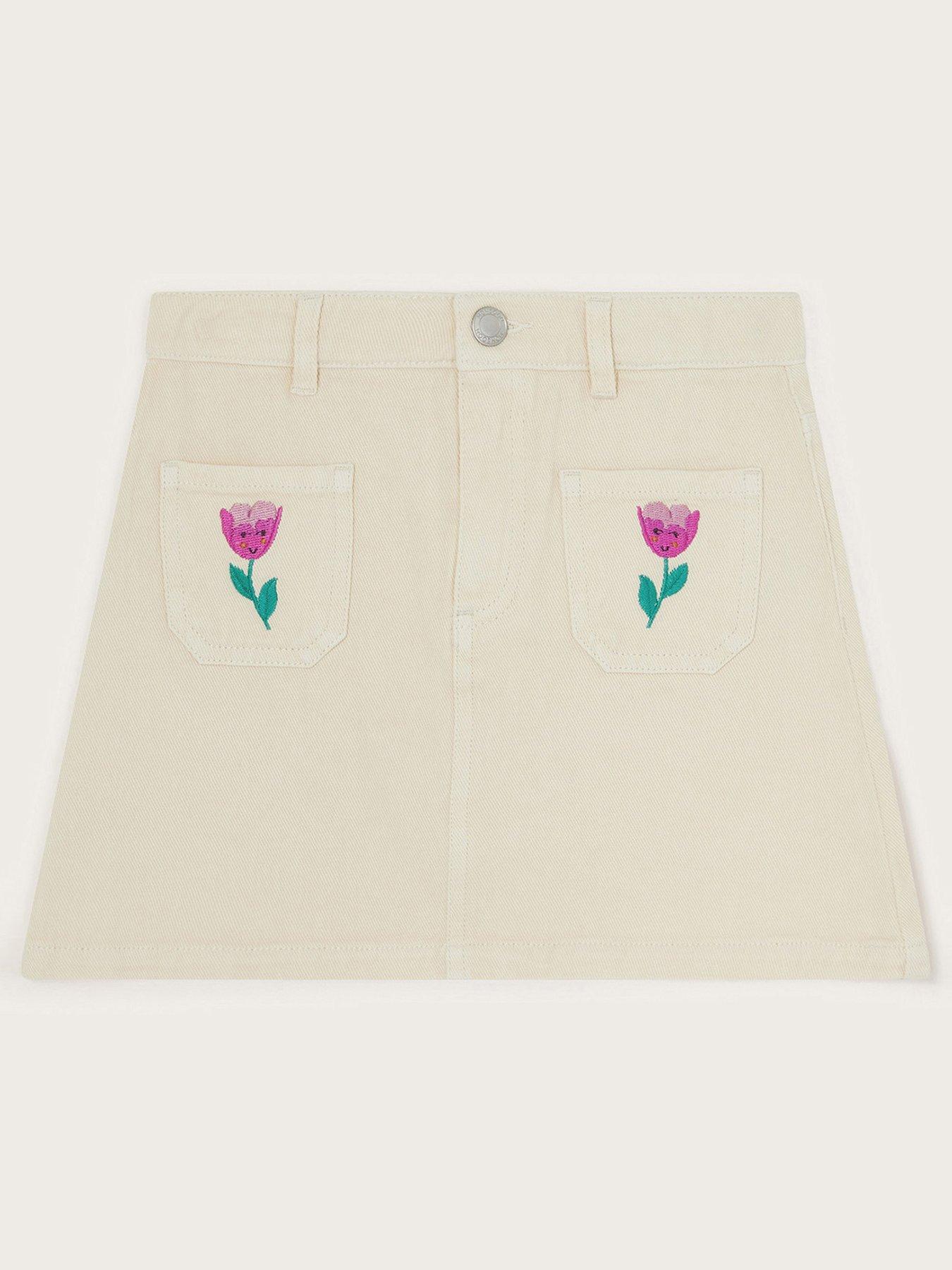 undefined Girls Tulip Embroidered Denim Skirt - Cream