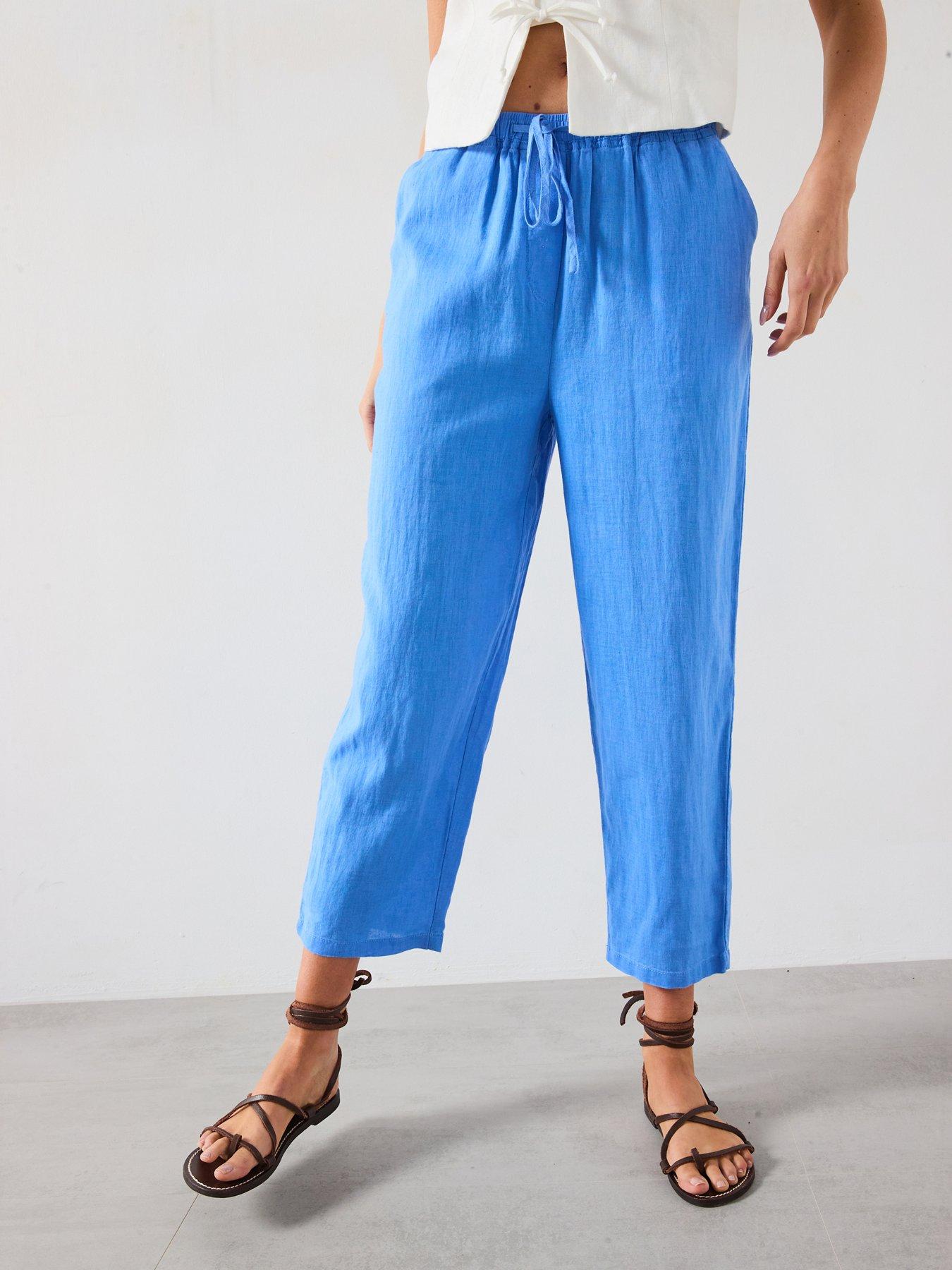 undefined Straight Linen-Blend Trousers - Blue