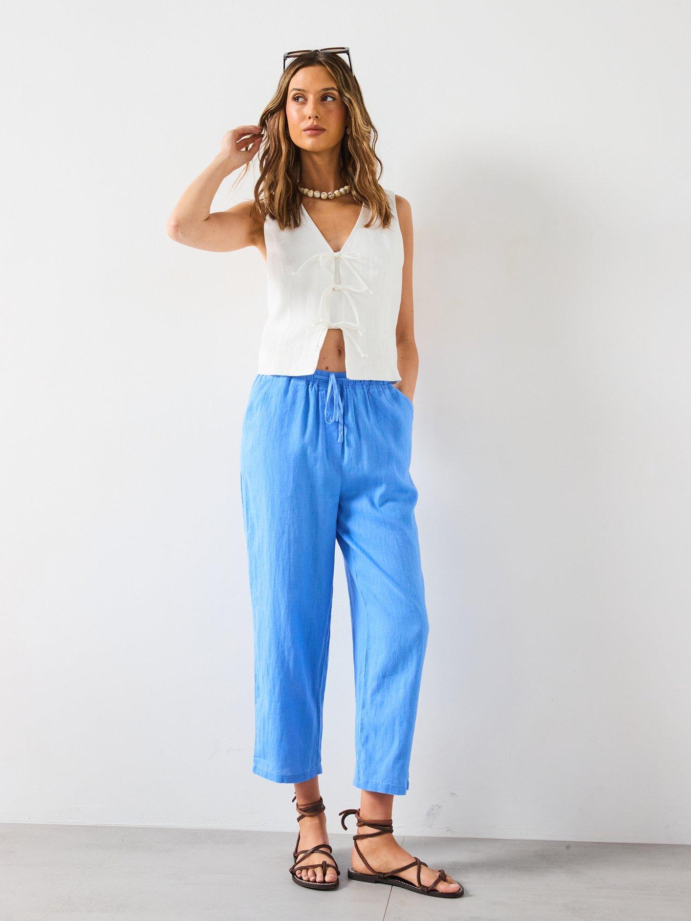 Image 3 of 6 of Mango Straight Linen-Blend Trousers - Blue