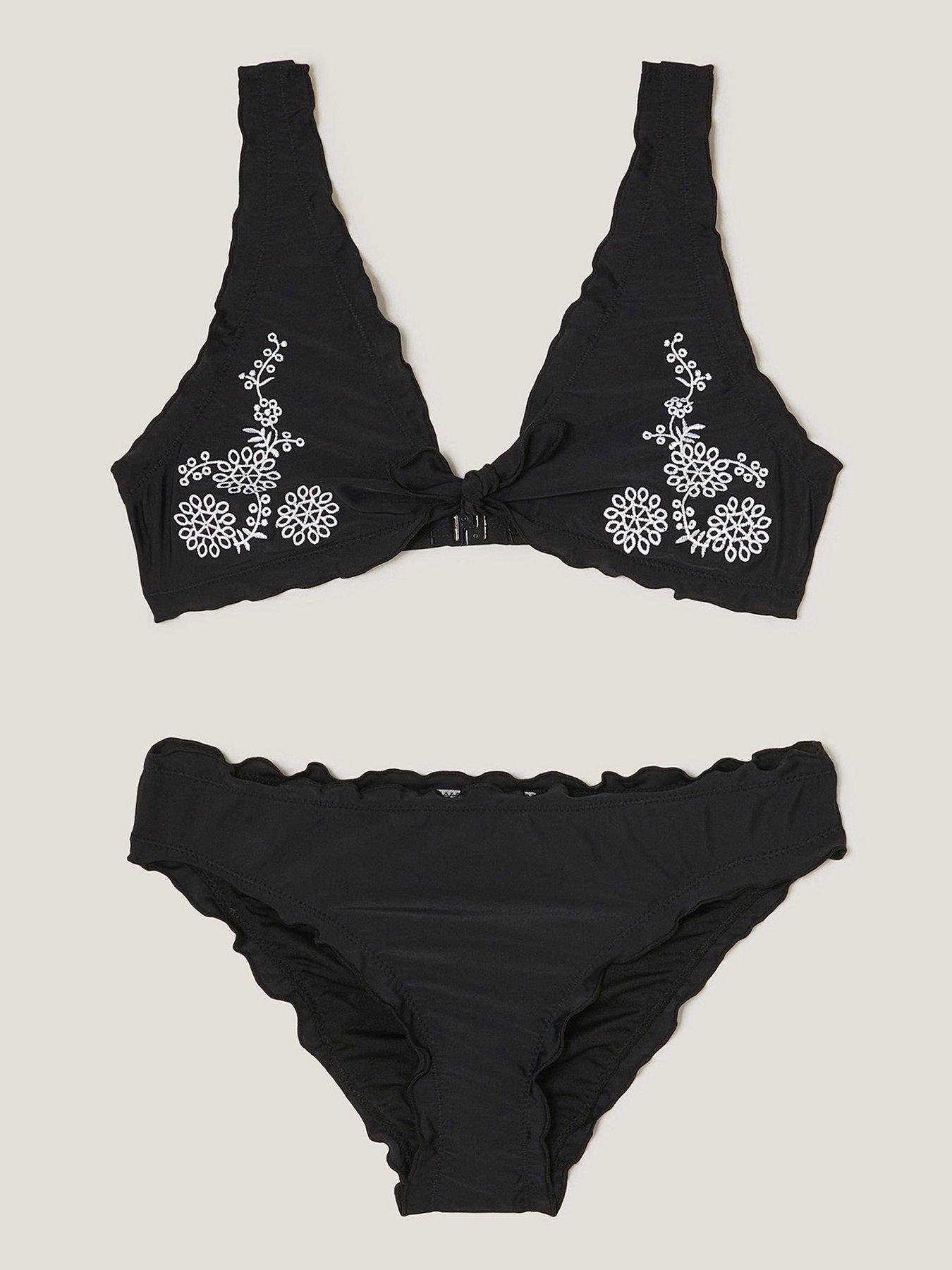 undefined Girls Embroidered Frill Bikini Set - Black