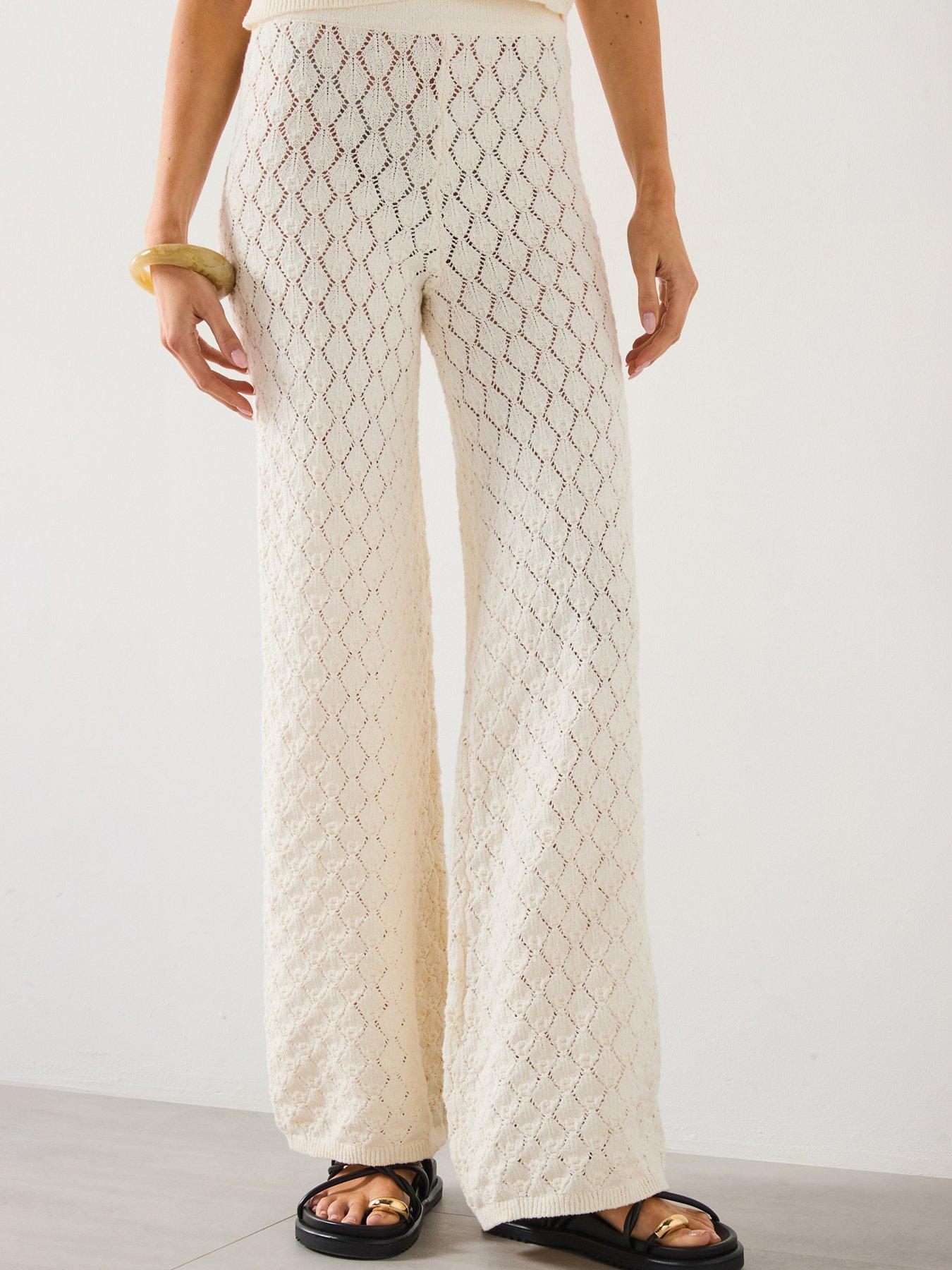 undefined Straight-fit Openwork Knitted Trousers - Cream