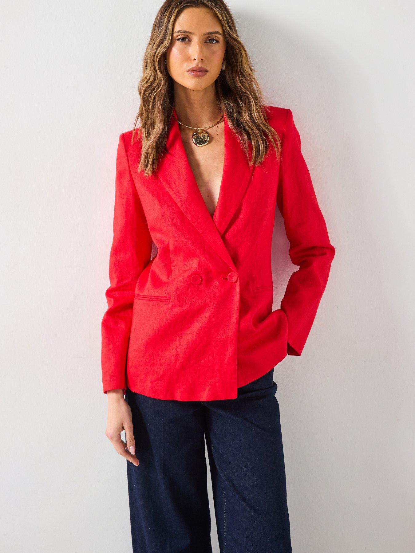 undefined Double-Breasted Linen Suit Jacket - Red