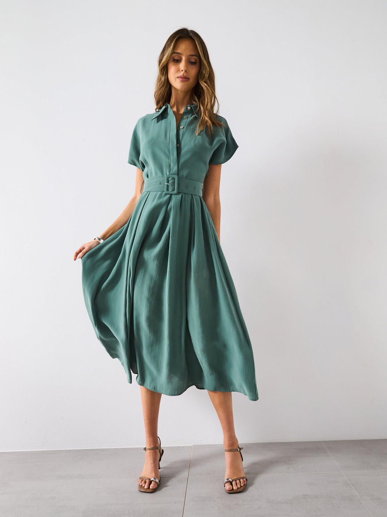 Image 1 of 6 of Mango Flared Midi-Dress With Belt - Green