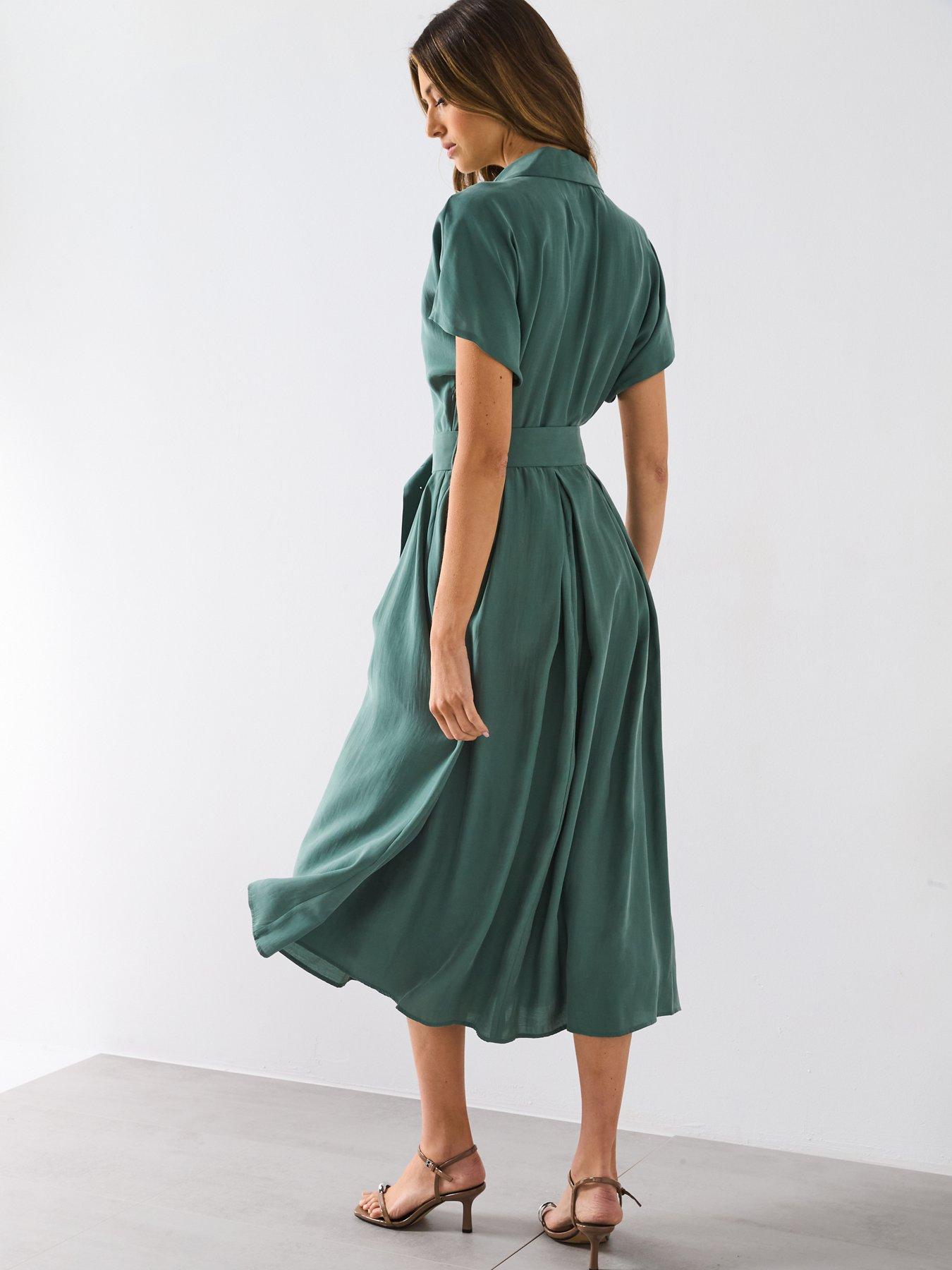 Image 2 of 6 of Mango Flared Midi-Dress With Belt - Green