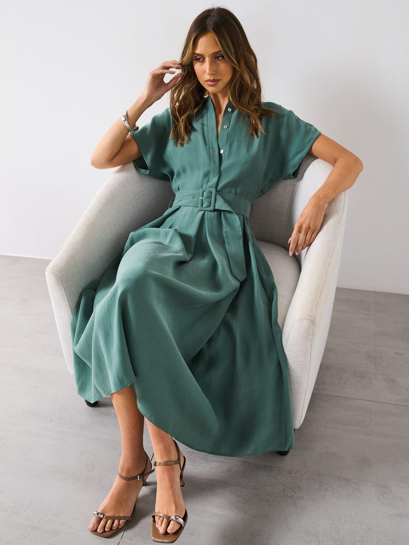 Image 3 of 6 of Mango Flared Midi-Dress With Belt - Green