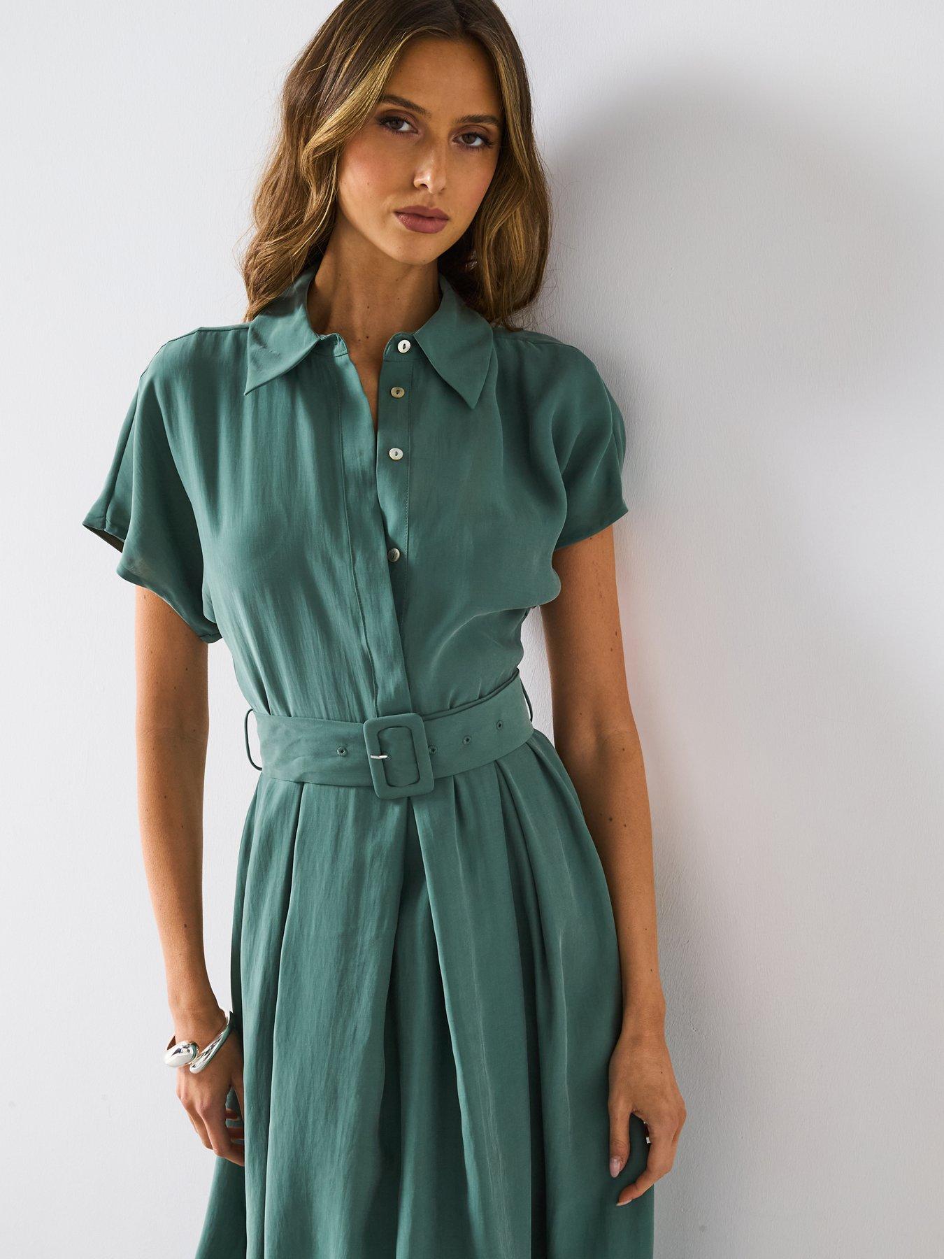 Image 5 of 6 of Mango Flared Midi-Dress With Belt - Green