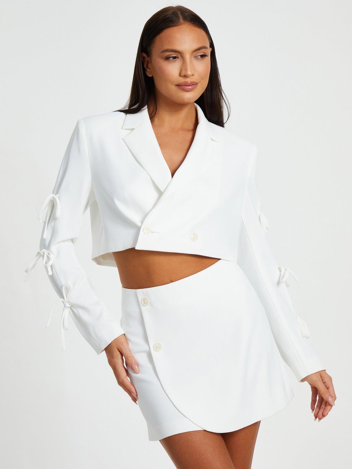 undefined Cream Tie Sleeve Cropped Blazer