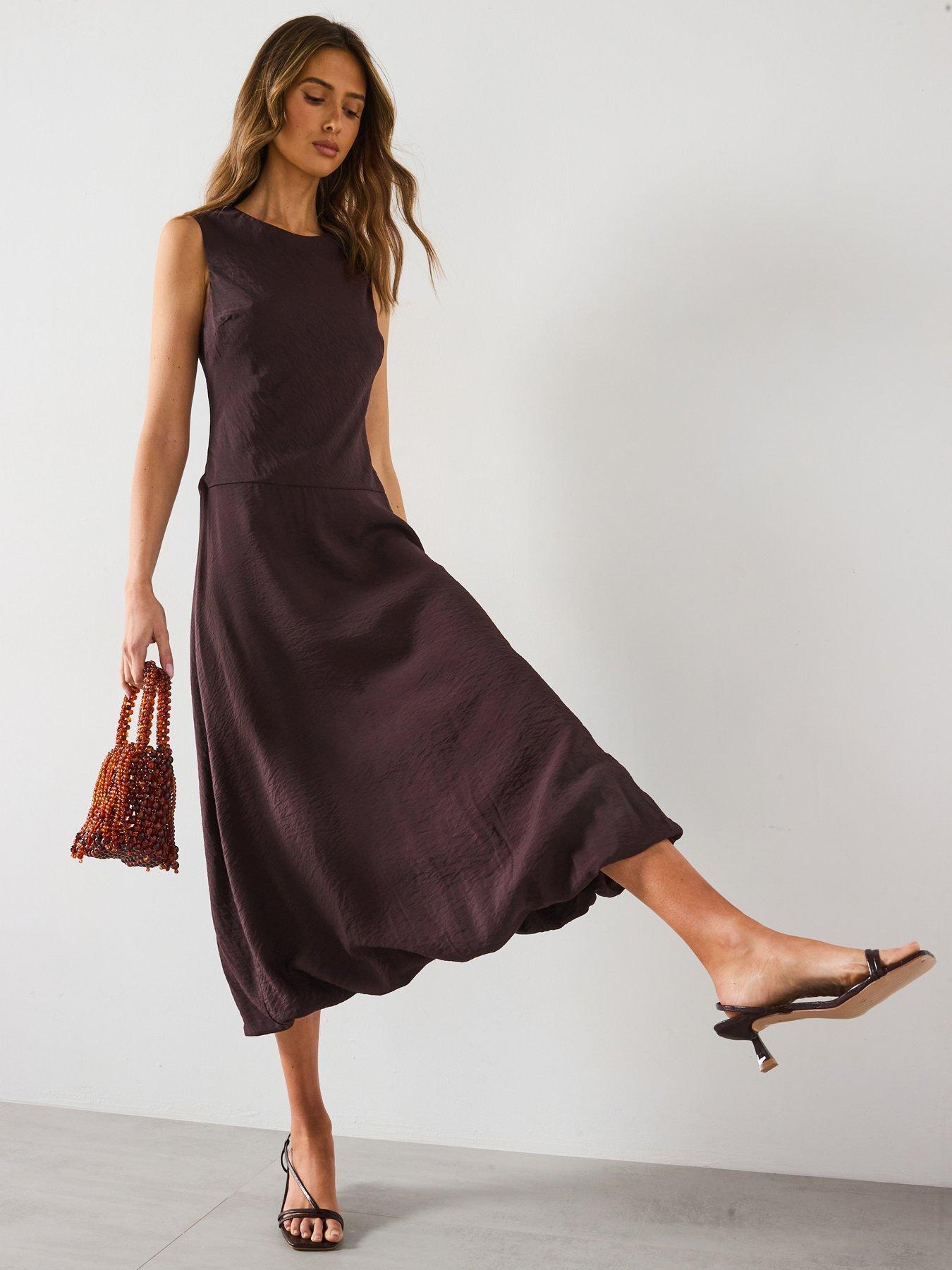 undefined Puffed Hem Midi Dress - Brown