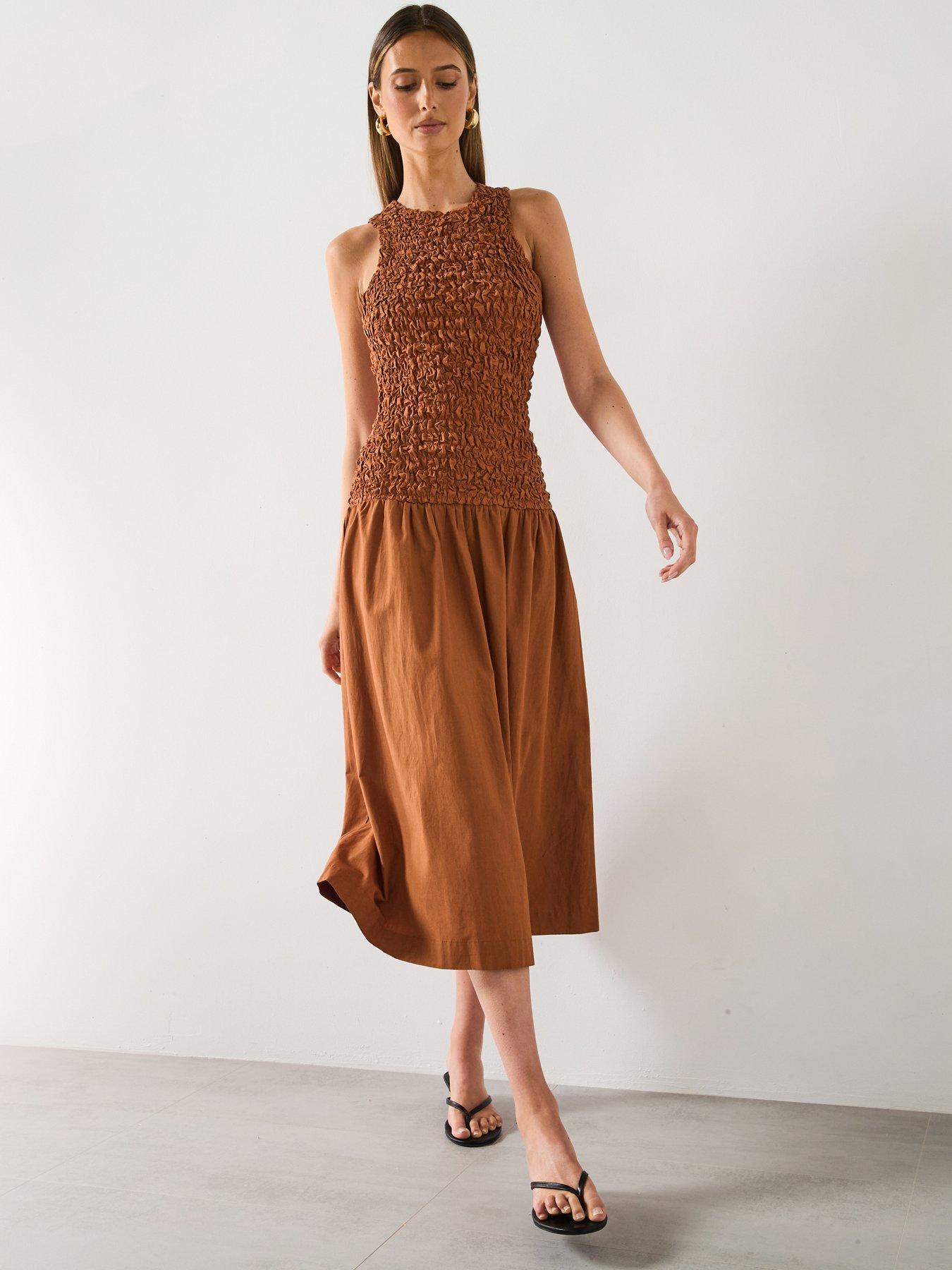 Mango: Combined Open Back Textured Dress - Brown