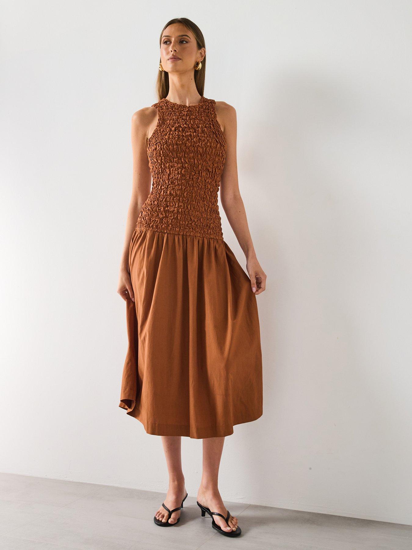 Mango Combined Open Back Textured Dress - Brown | Very