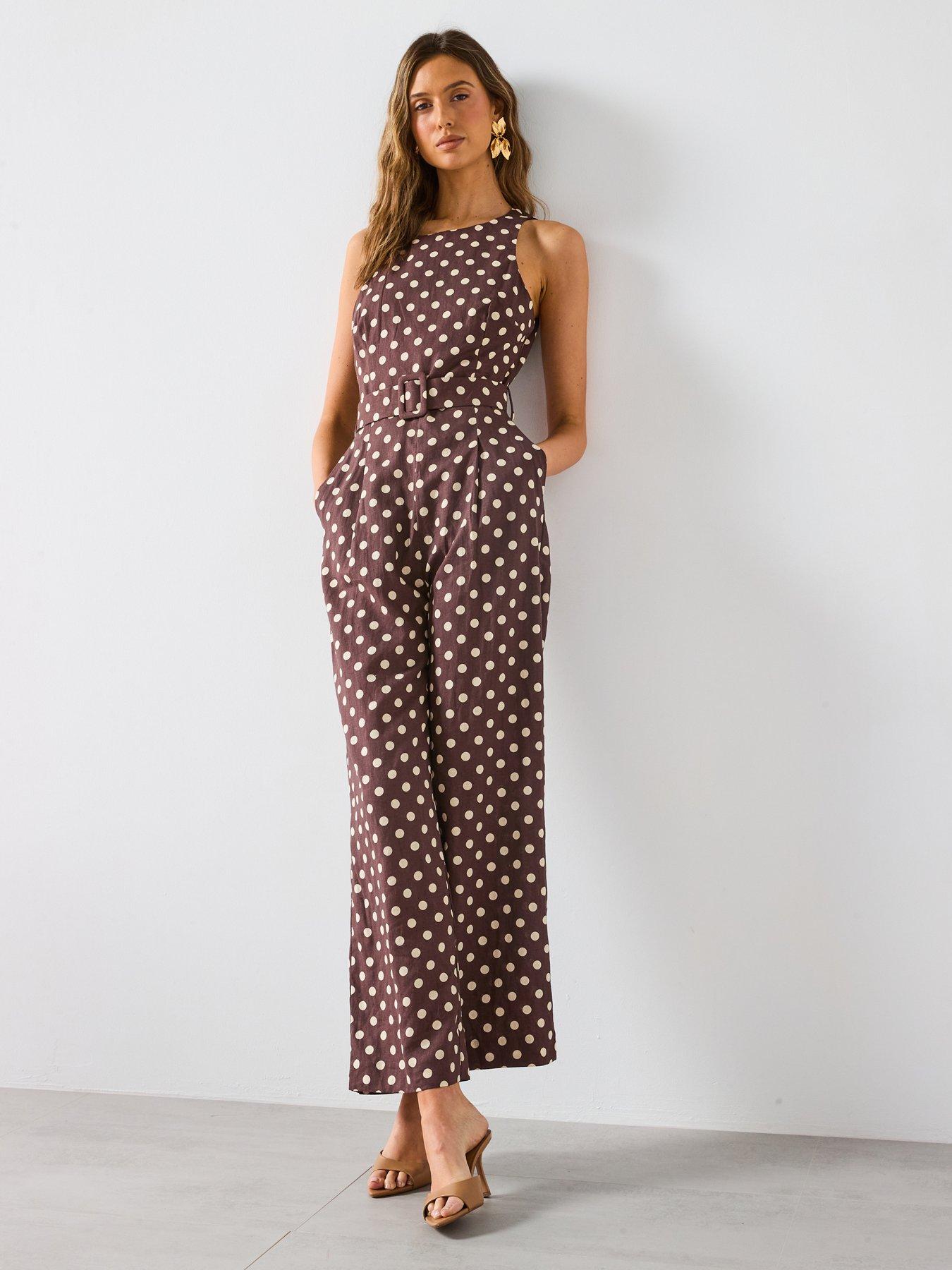 undefined Belted Linen Jumpsuit With Polka Dots - Brown