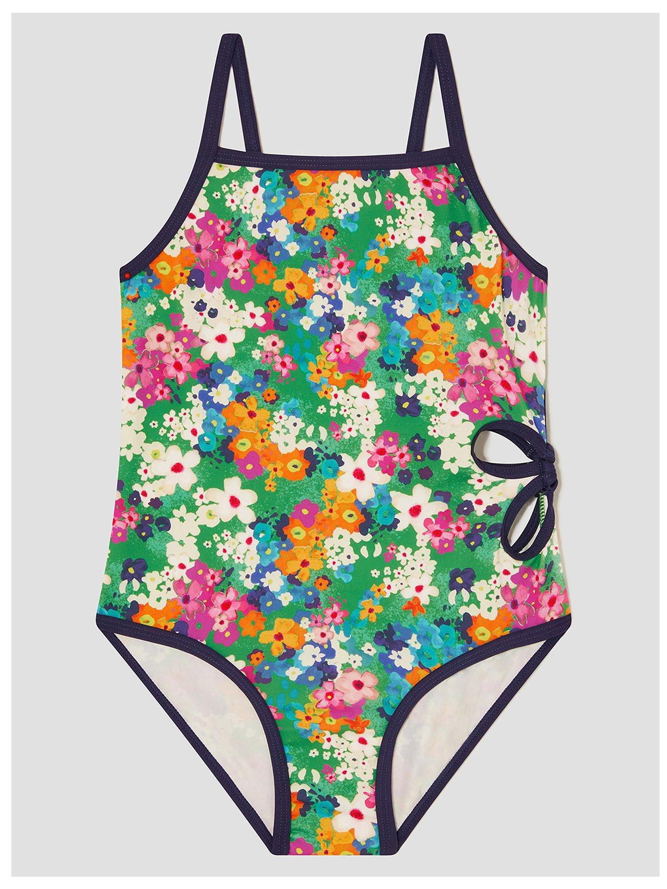 undefined Girls Floral Print Cut-Out Swimsuit - Green