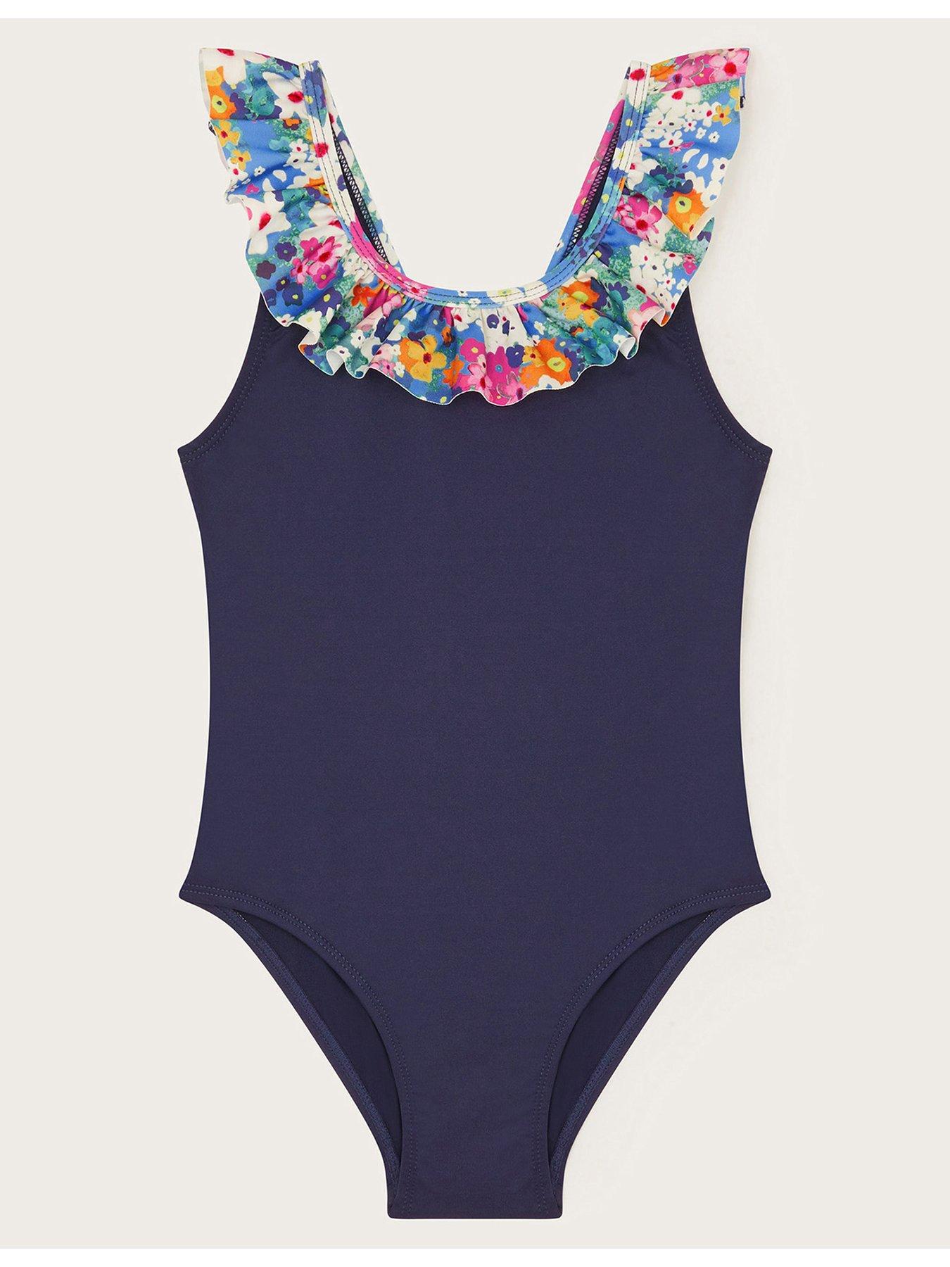 undefined Girls Floral Frill Swimsuit - Navy