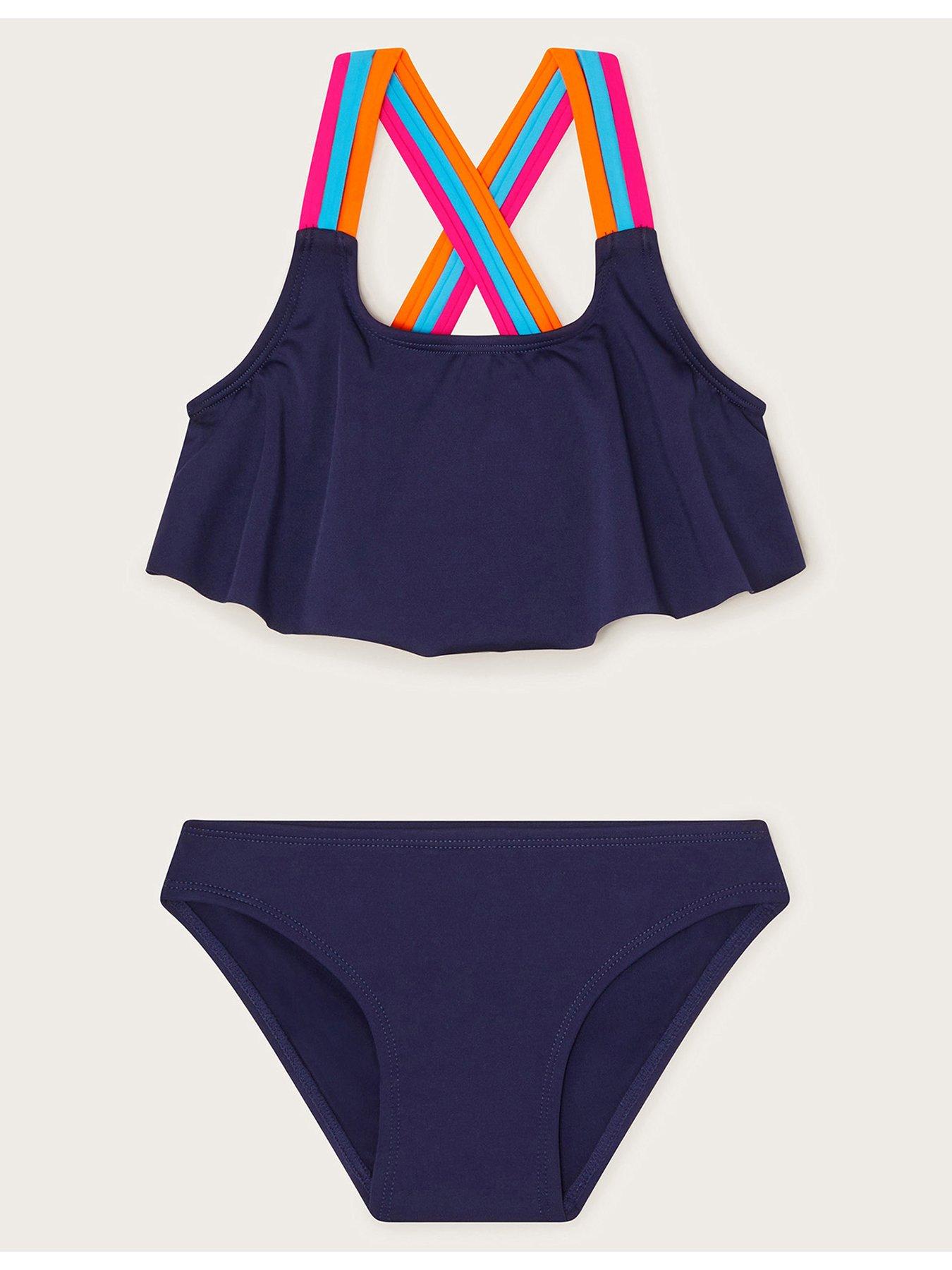 undefined Girls Cross-Back Strap Frill Bikini Set - Navy