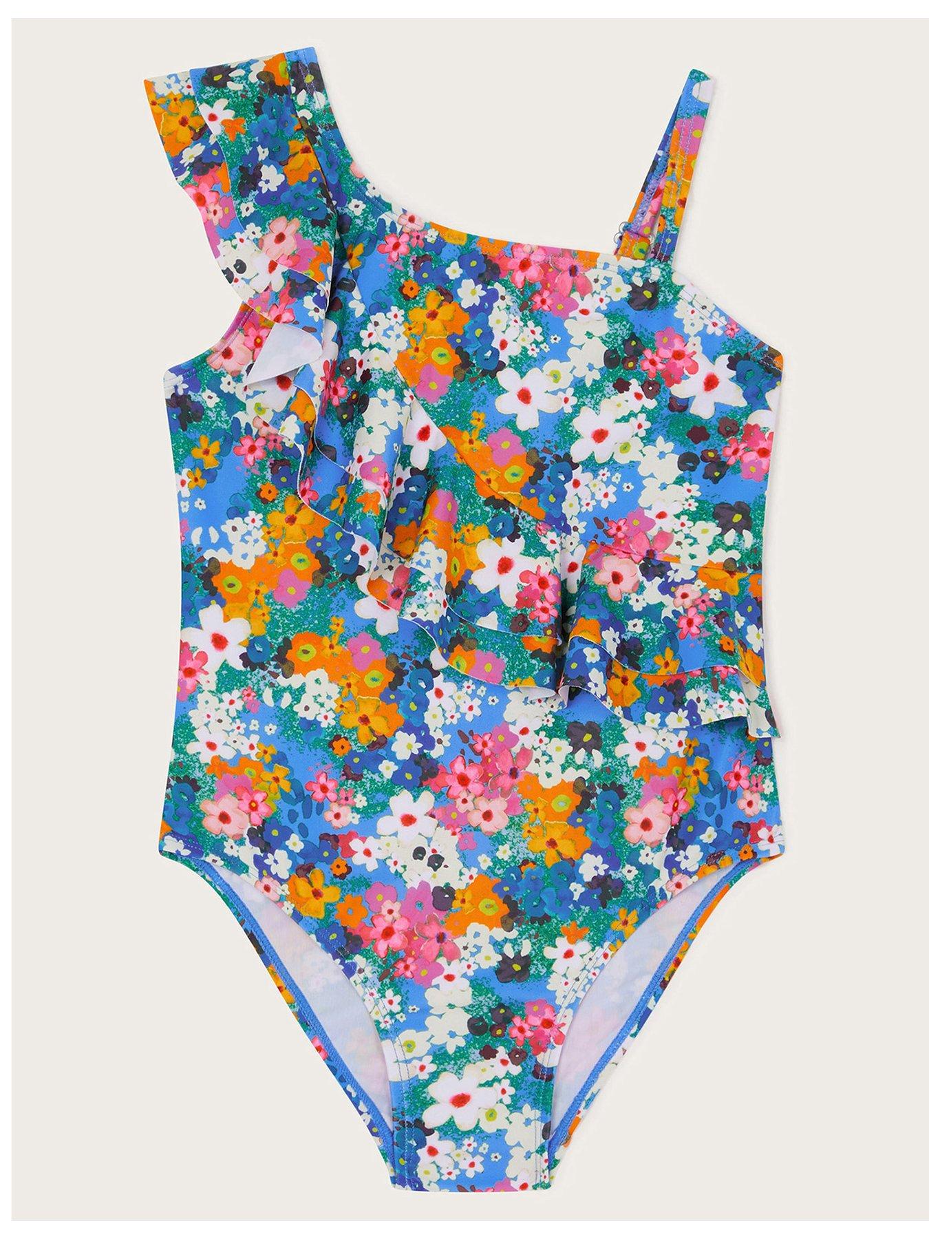 undefined Girls Asymmetrical Frill Floral Swimsuit - Blue