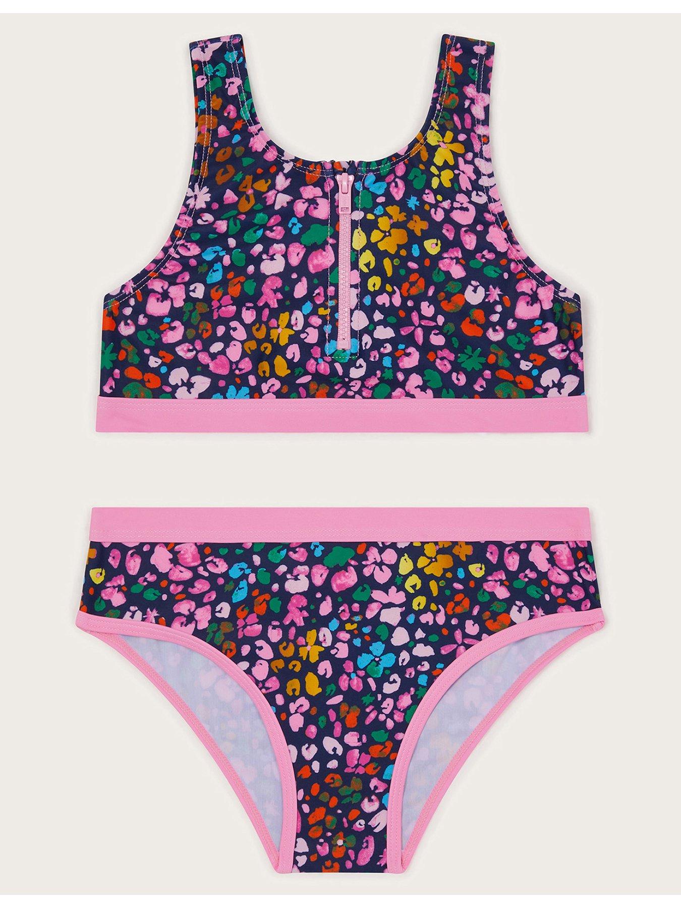 undefined Girls Leopard Print Sporty Zip-Up Bikini Set - Navy