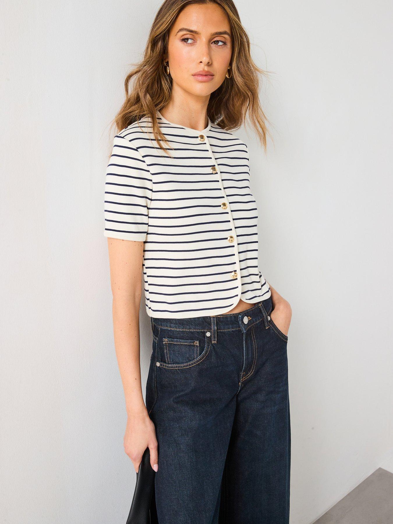 undefined Short Sleeve Striped Cardigan - Navy