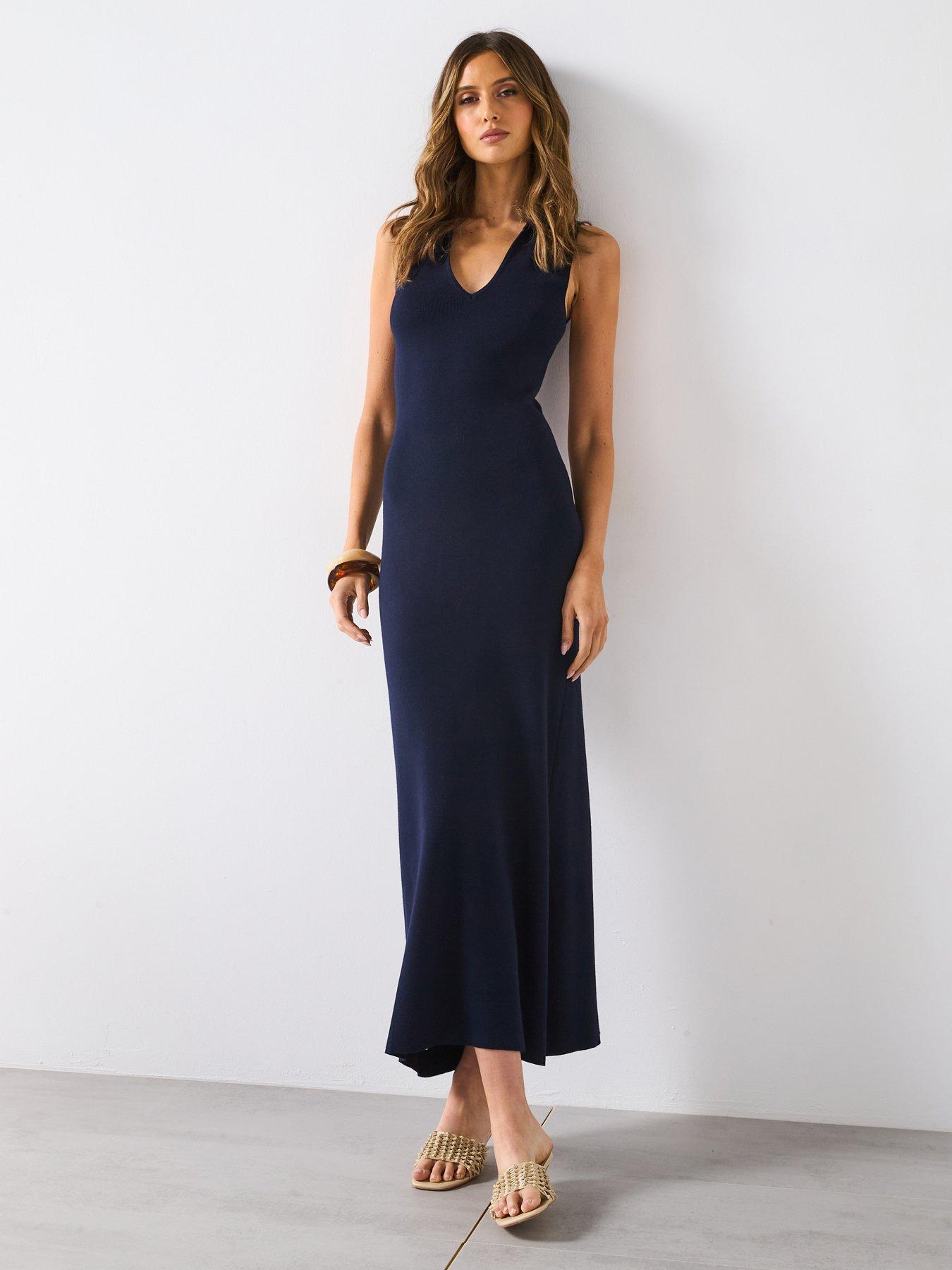 undefined Knitted Midi-Dress With Lapels - Navy