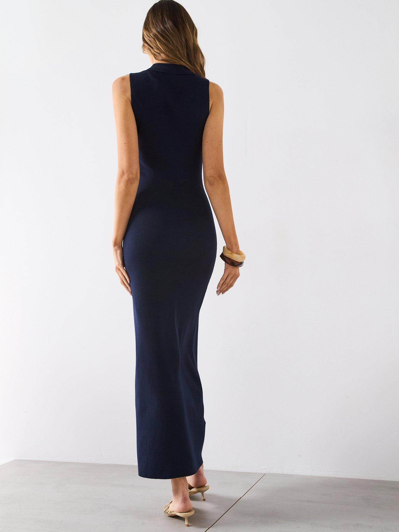 mango blue knit dress Knitted Midi-Dress With Lapels - Navy Knight