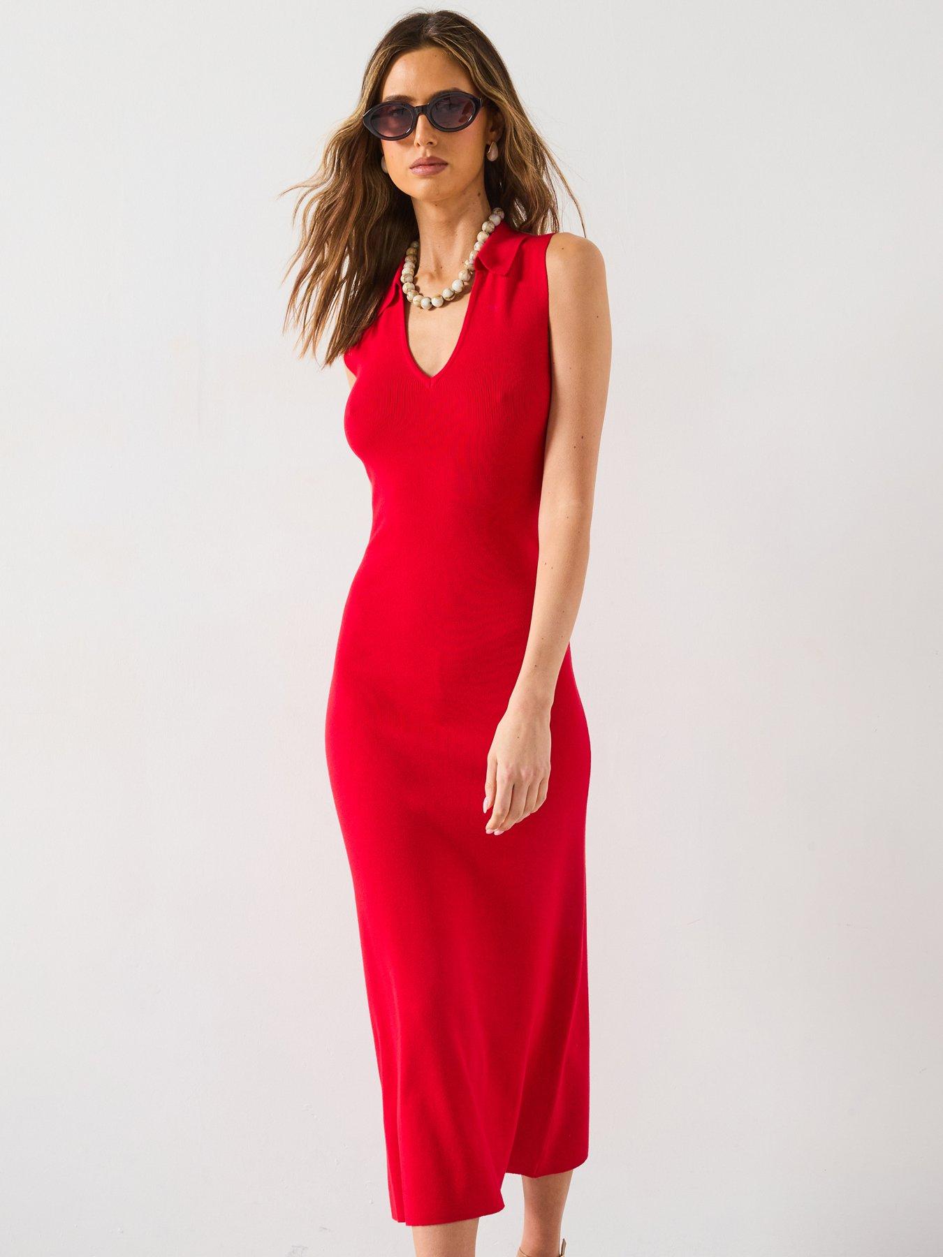 undefined Knitted Midi-Dress With Lapels - Red
