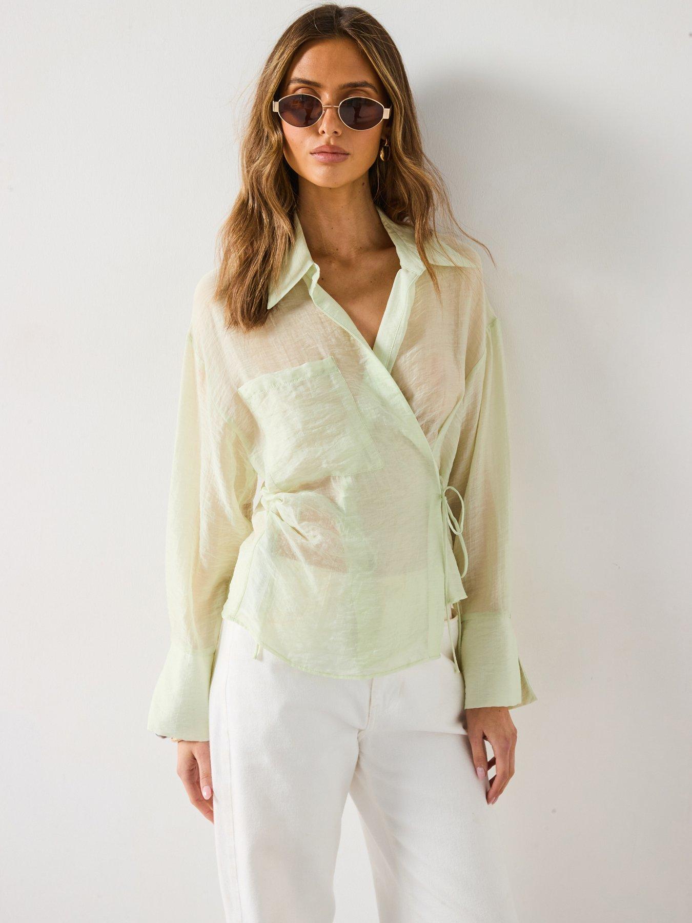 undefined Cross-Over Lyocell Shirt With Bow Closure - Aqua Green