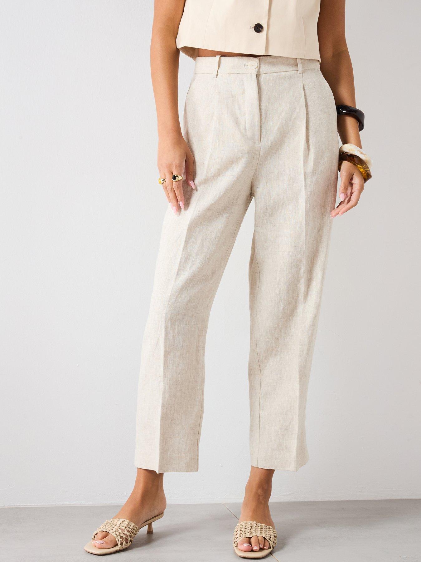 undefined Straight Linen Trousers With Dart Detail - Beige