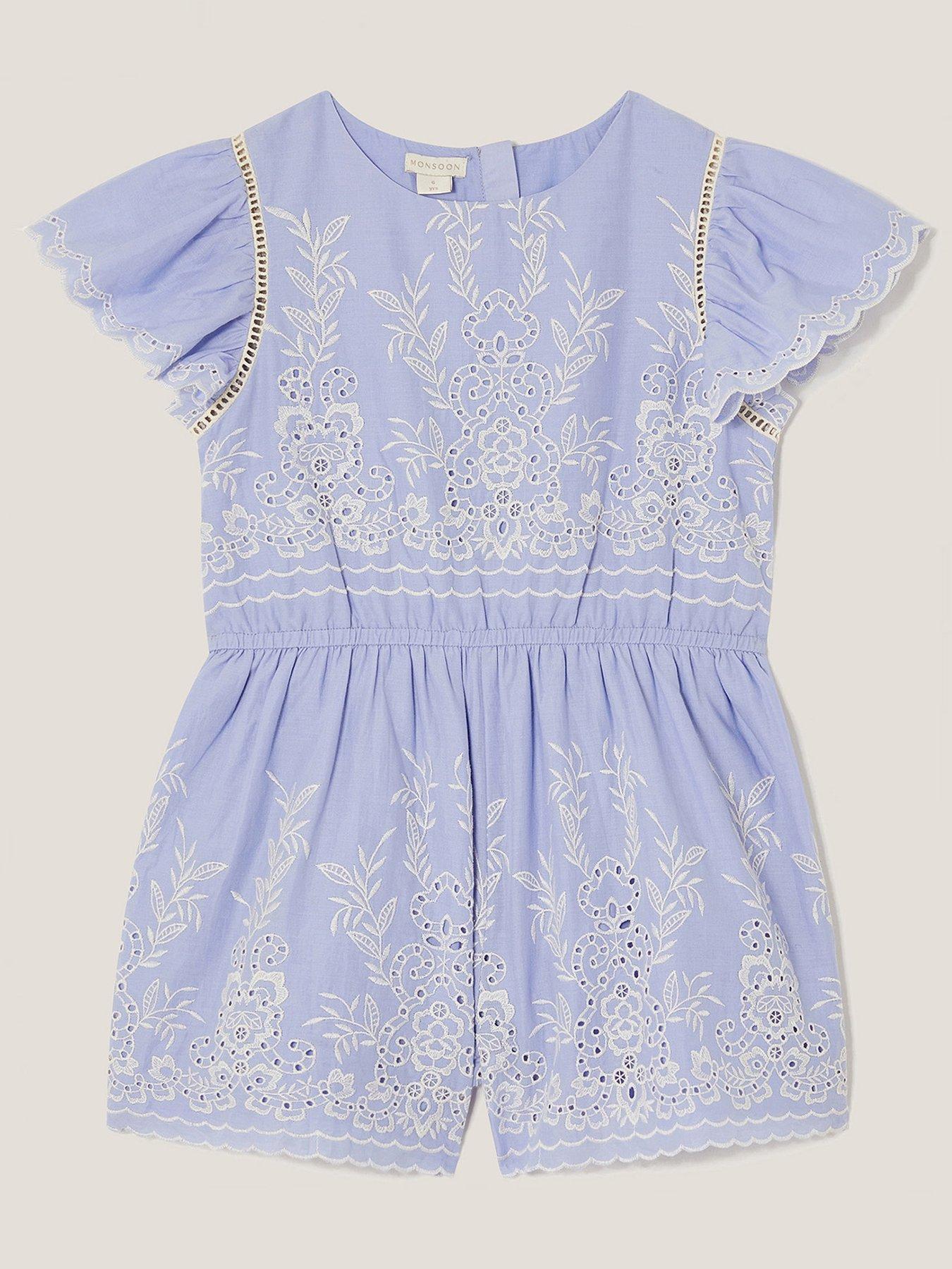 undefined Girls Floral Broderie Short Sleeve Playsuit - Blue