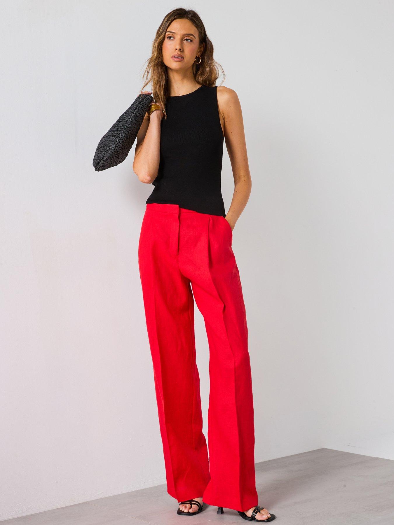 Image 3 of 6 of Mango Straight-Fit Linen Suit Trousers - Red