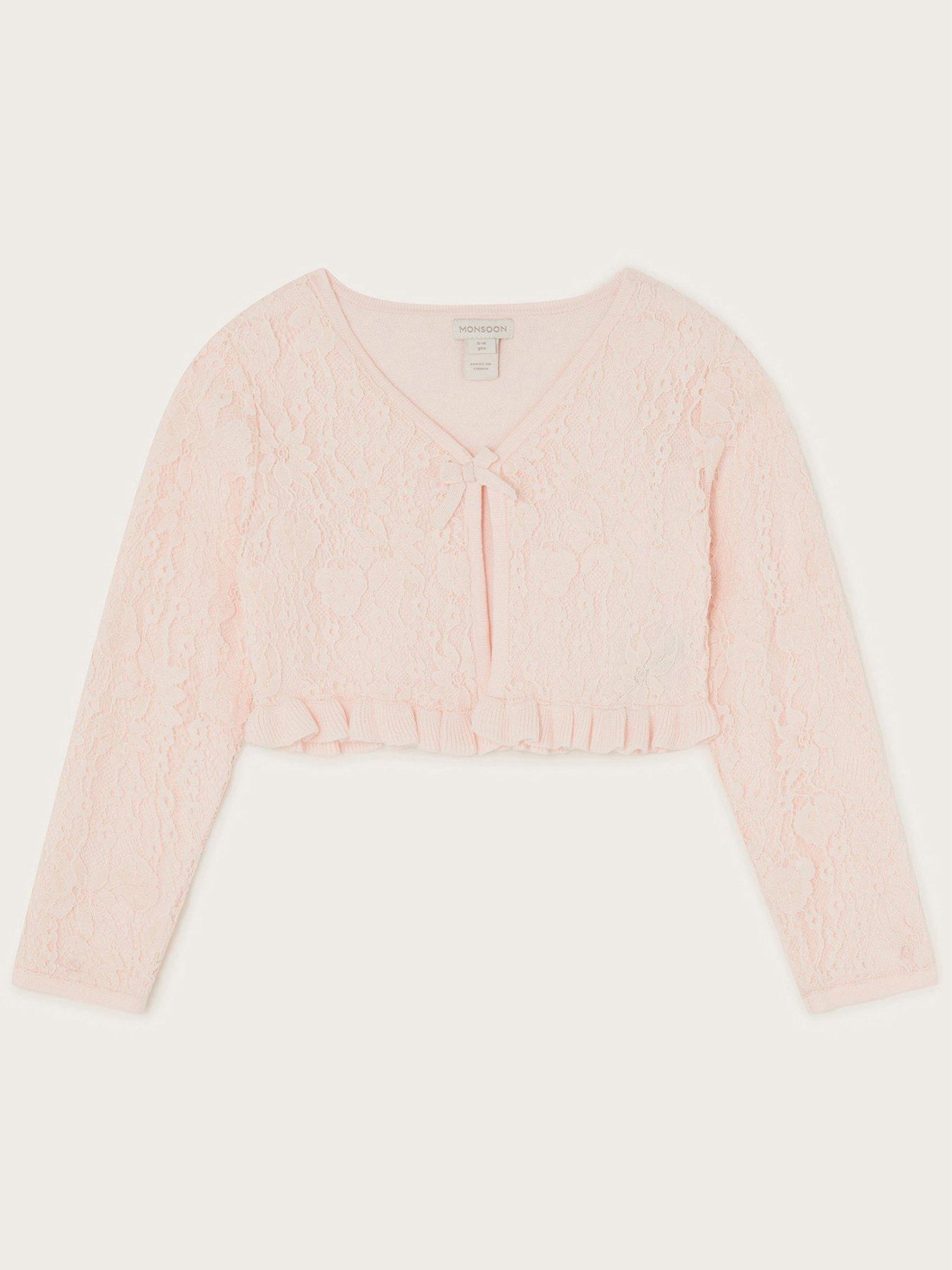 undefined Girls Lace Frill Bow Cardigan - Pink