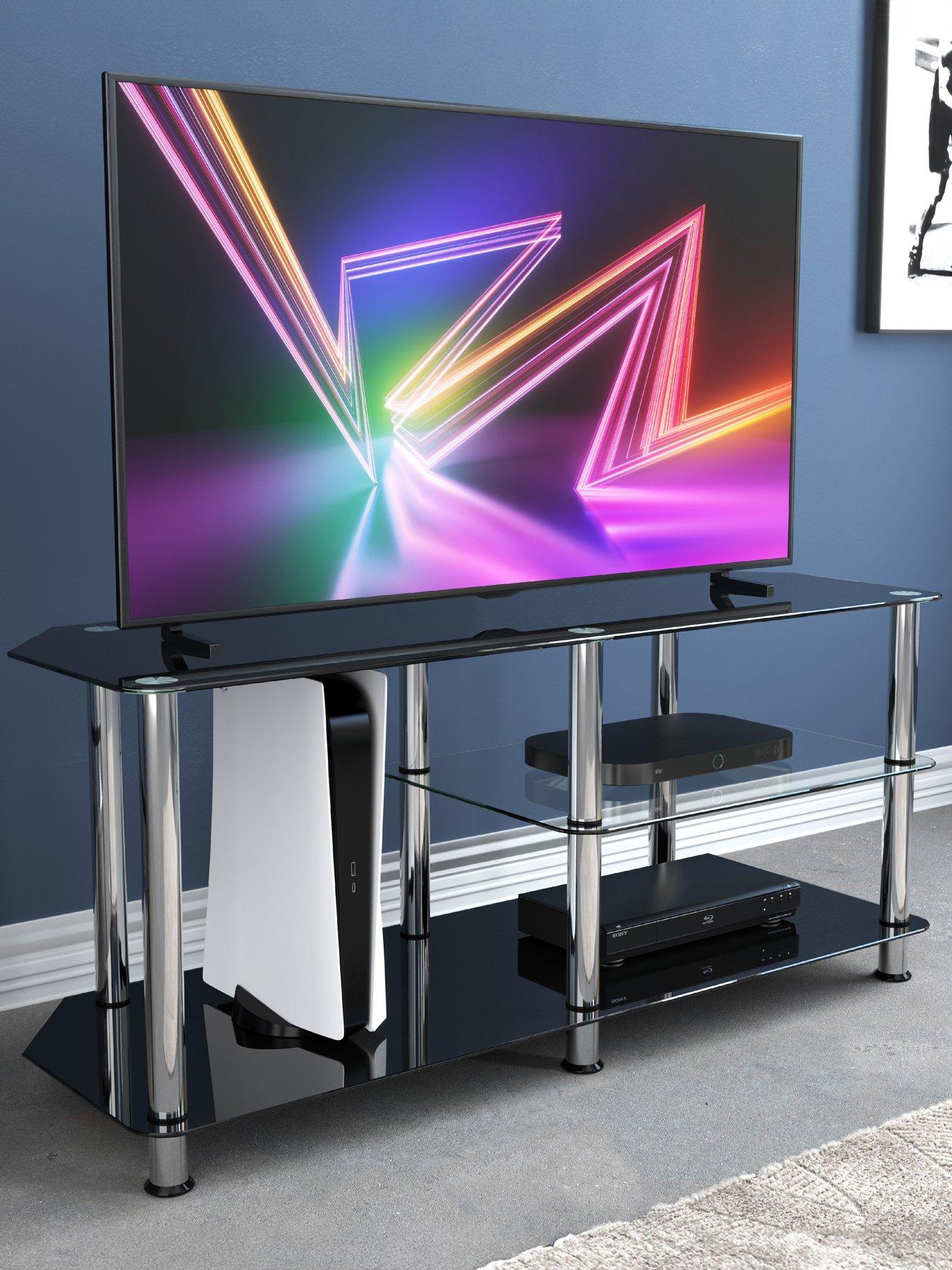 undefined Classic 1.14m Glass TV Stand with Vertical Storage - fits up to 55 inch TV - Black/Chrome