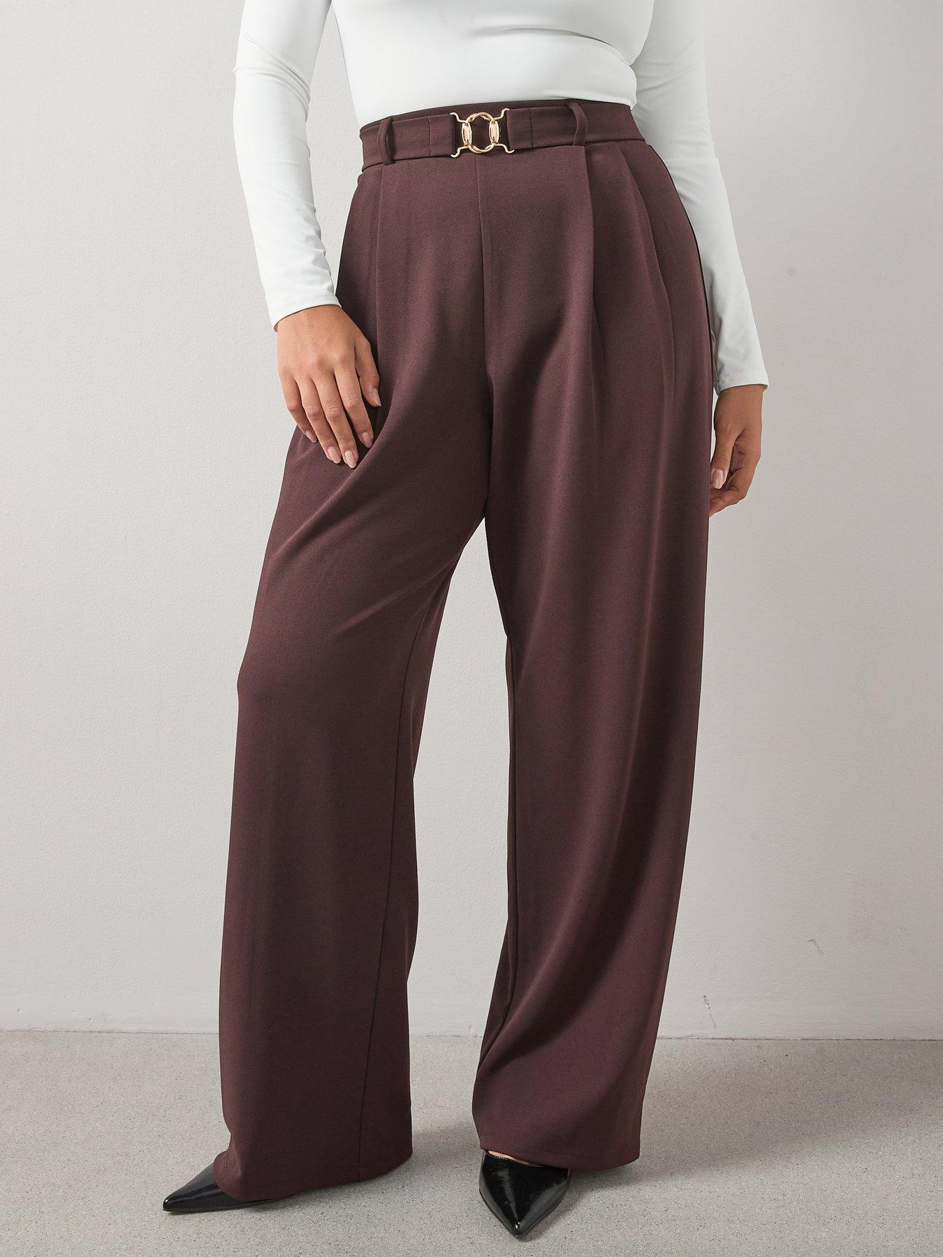 V by Very Curve Buckle Detail Stretch Wide Leg Trouser - Brown