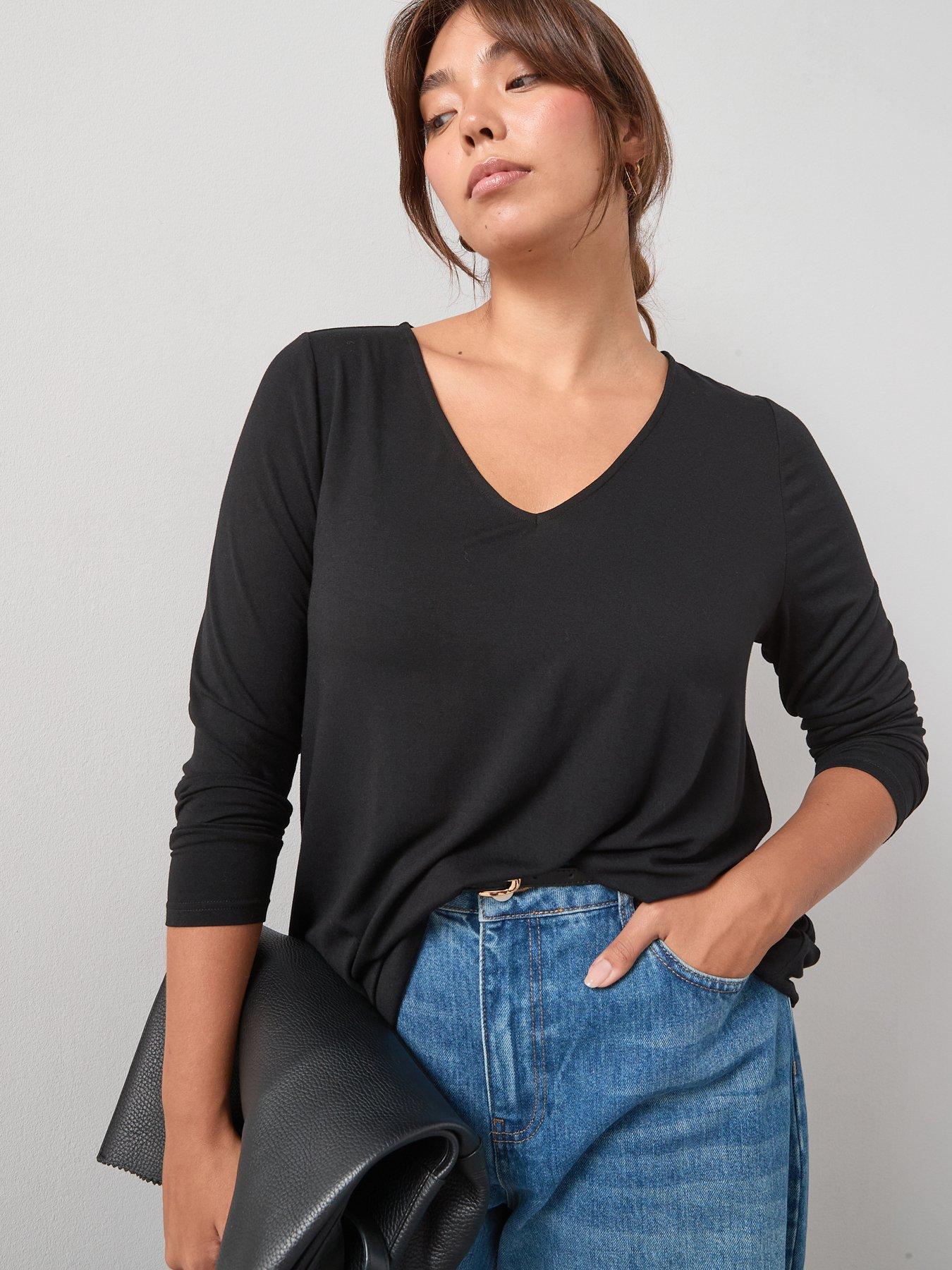 V by Very Curve V Neck Longline Top - Black