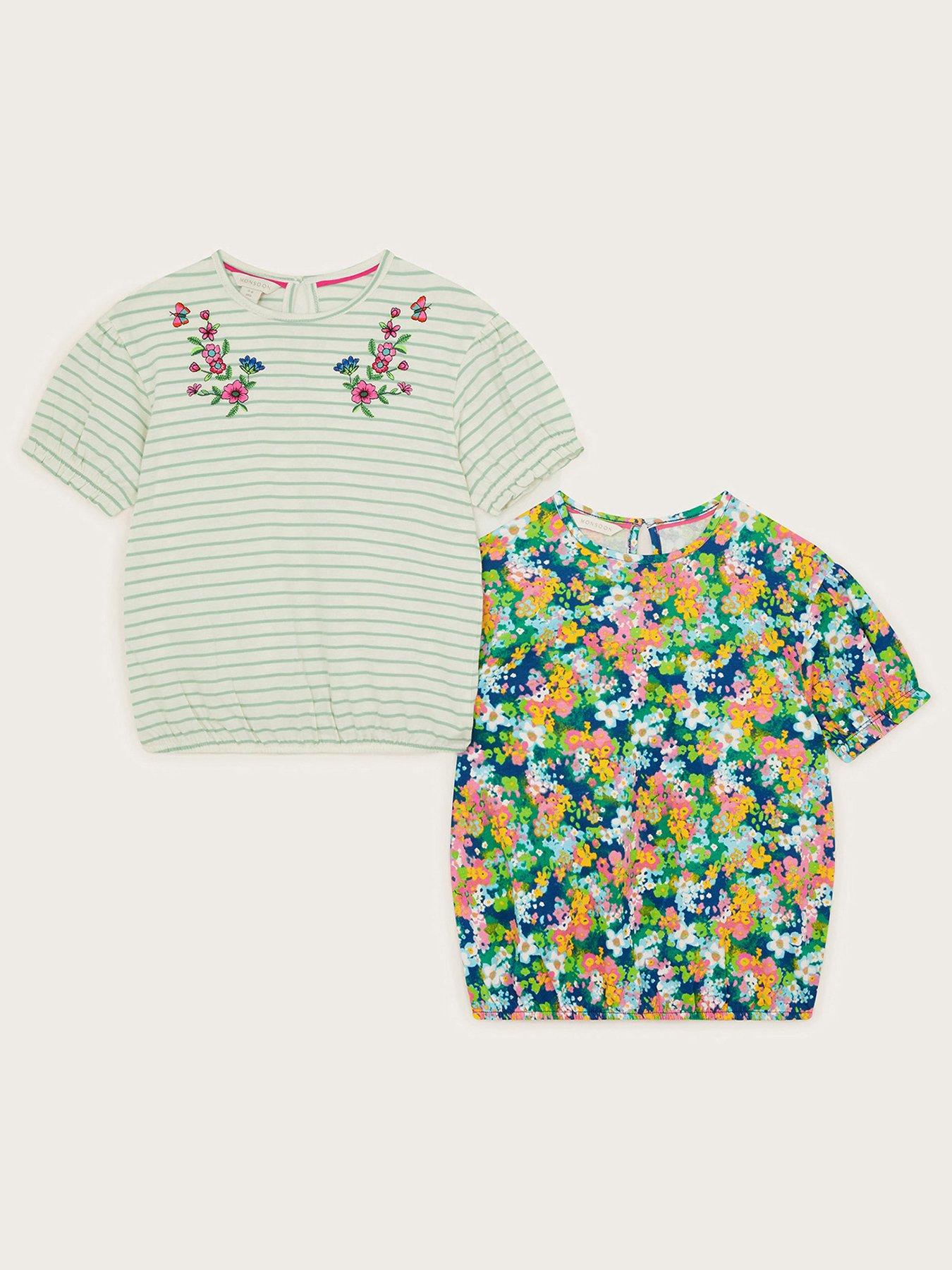 undefined Girls 2-pack Stripe Floral T-shirts - Navy