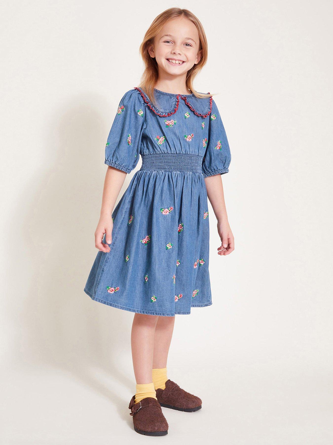 undefined Girls Floral Embroidered Chambray Dress - Blue