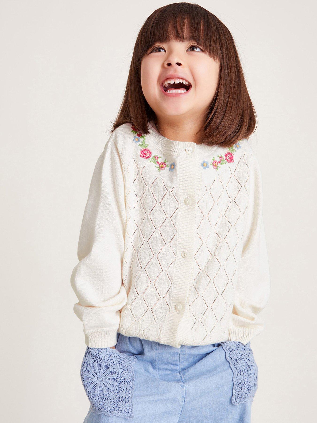 undefined Girls Floral Embroidered Pointelle Cardigan - Ivory
